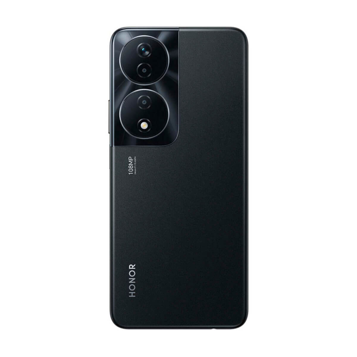 Schwarzes Smartphone mit Dual-Kameras. HONOR-Branding befindet sich unten.
