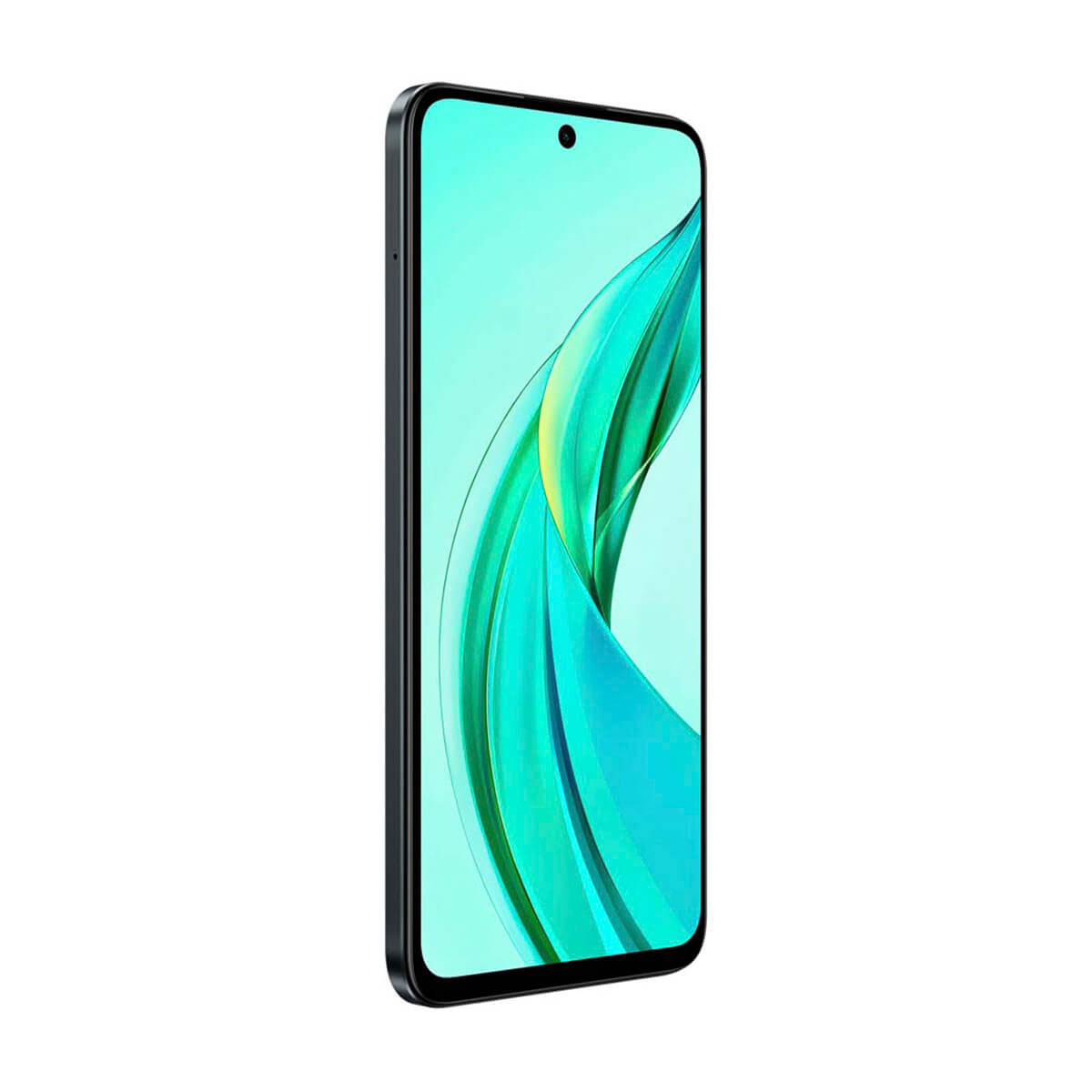 Schwarzes Smartphone mit grünem Bildschirm. Der Bildschirm zeigt Grün- und Blautöne. Schwarzer Rand.