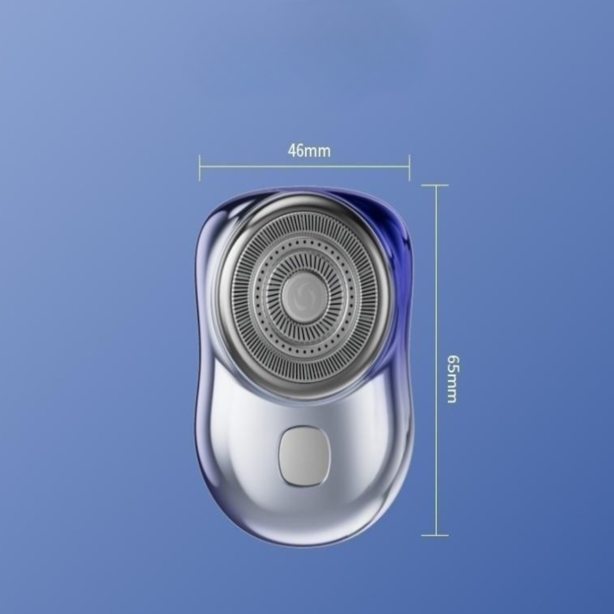 Ein blau-silberner Elektrorasierer. Die Abmessungen sind 46 mm x 65 mm.