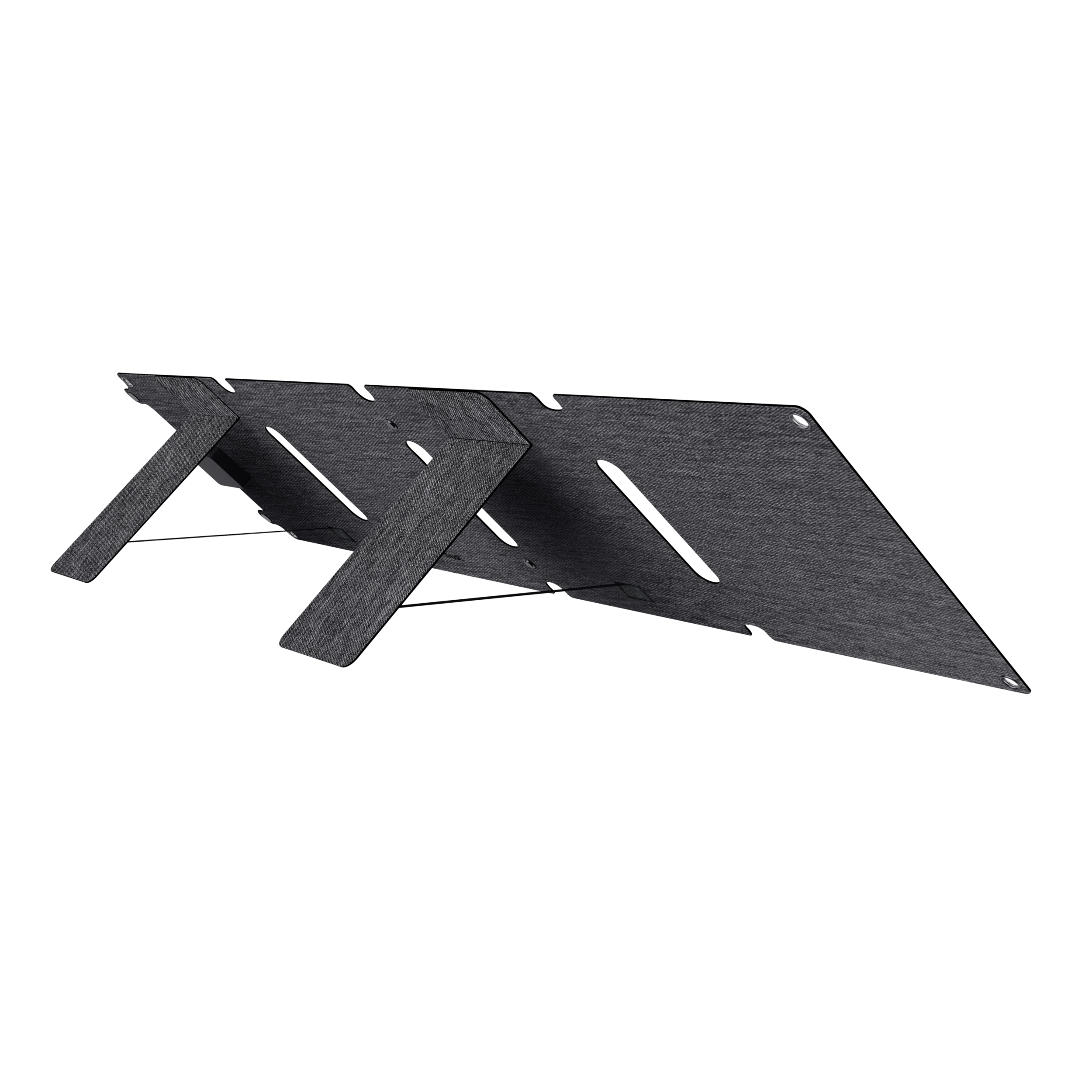 Supporto per computer portatile pieghevole grigio, angolato su sfondo nero. Fessure nel supporto.
