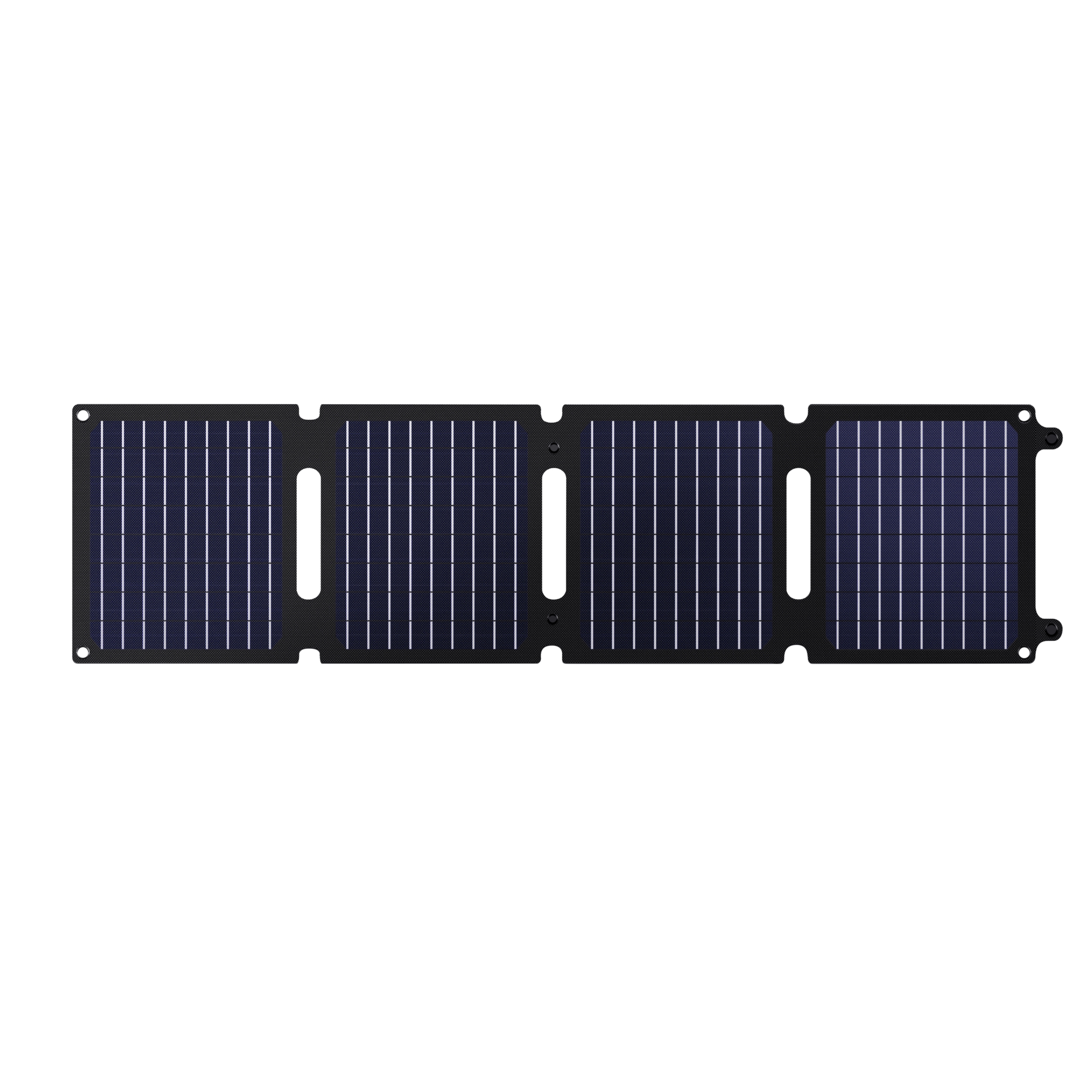Pannello solare pieghevole, cornice nera, celle solari blu, su sfondo nero.