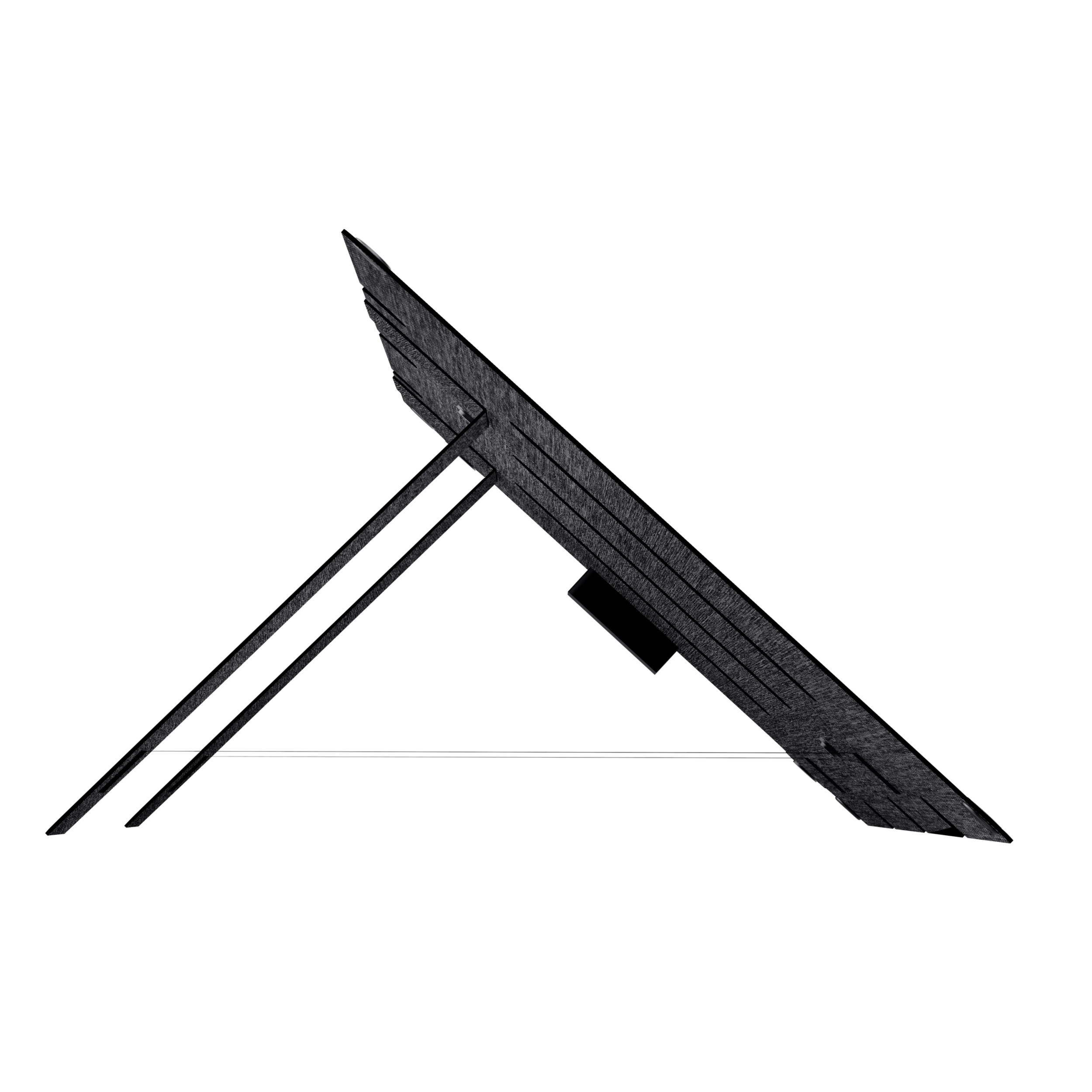 Supporto nero angolato per laptop o tablet, su sfondo nero.