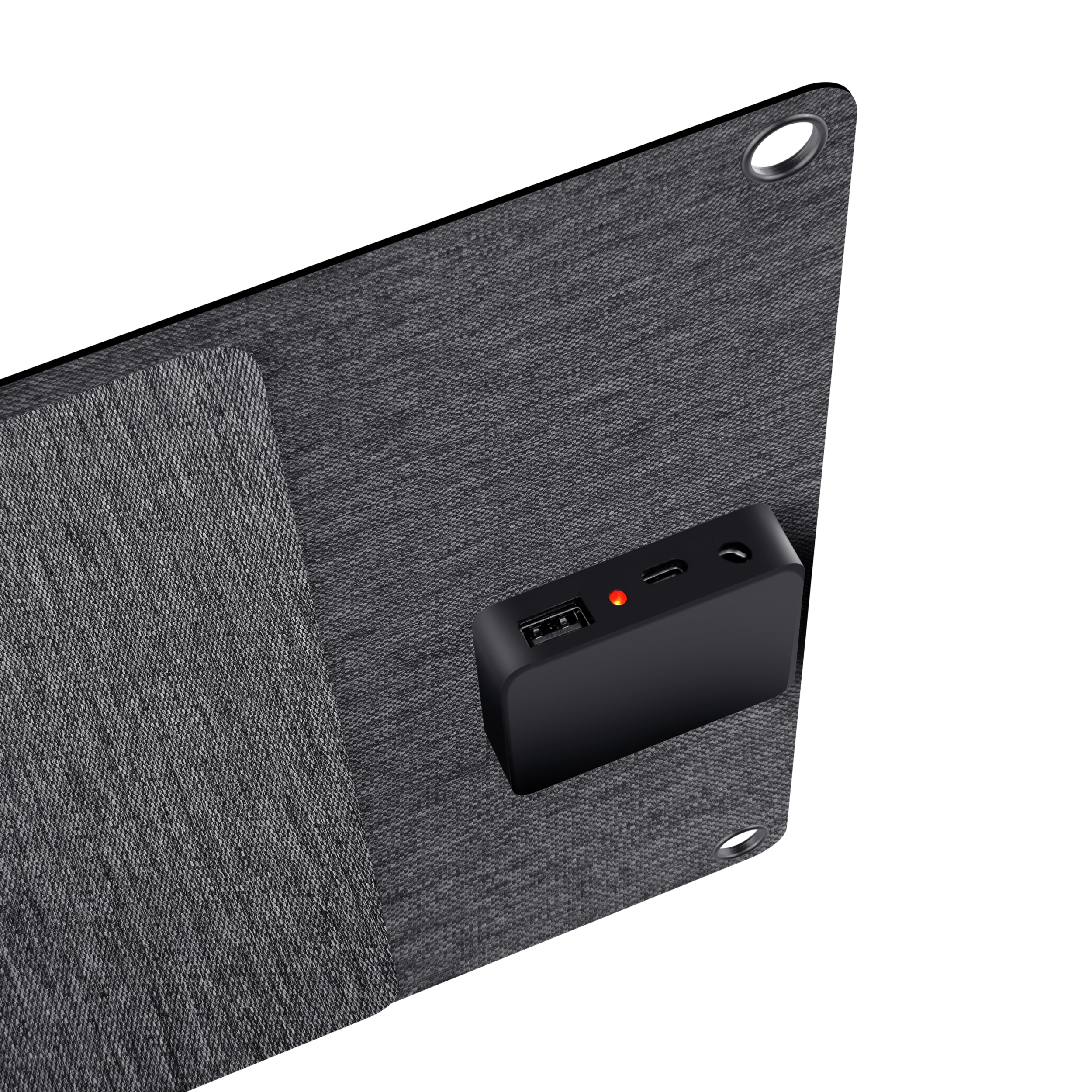 Pannello solare portatile nero con un piccolo power bank nero.