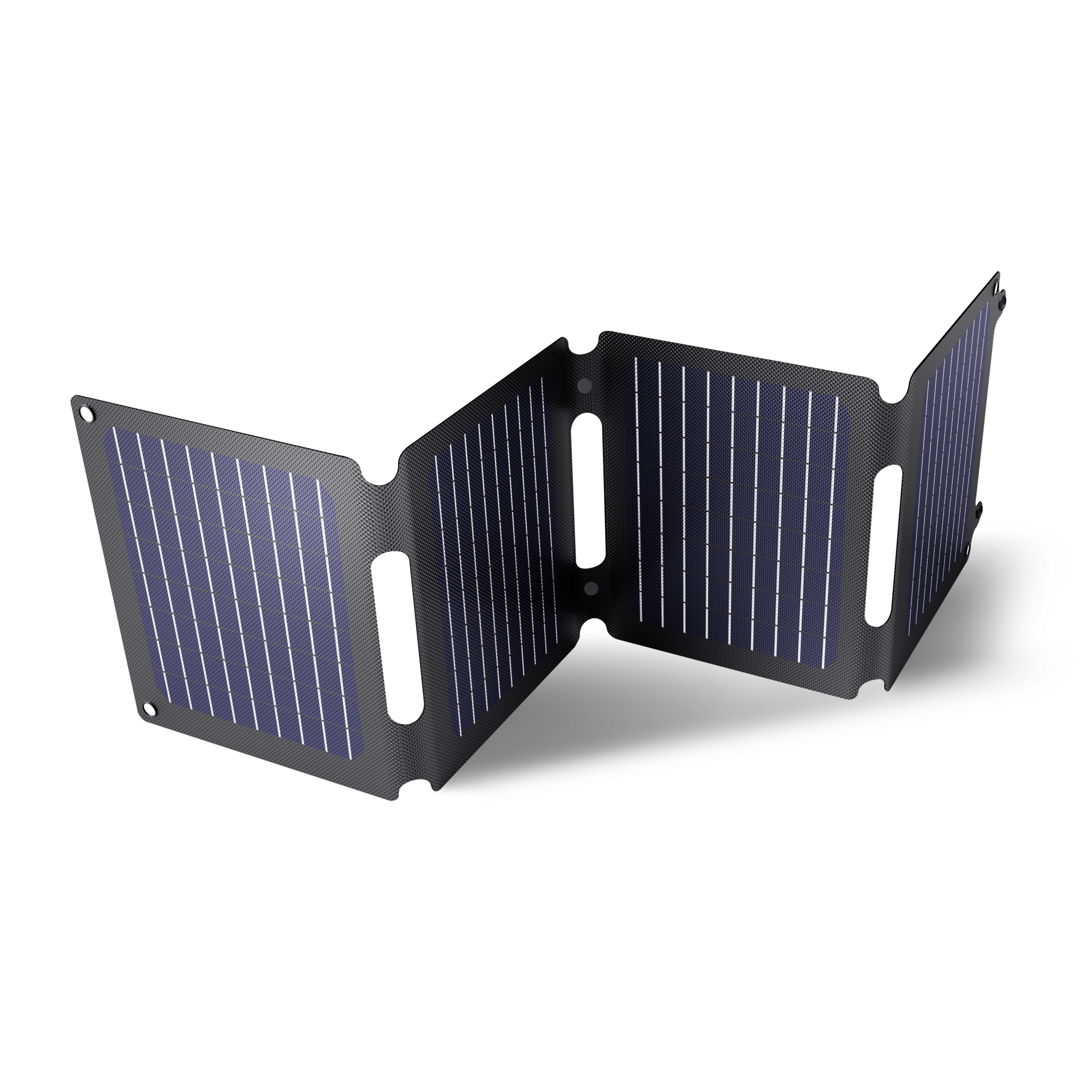 Pannello solare pieghevole, nero con celle solari blu, su sfondo nero.