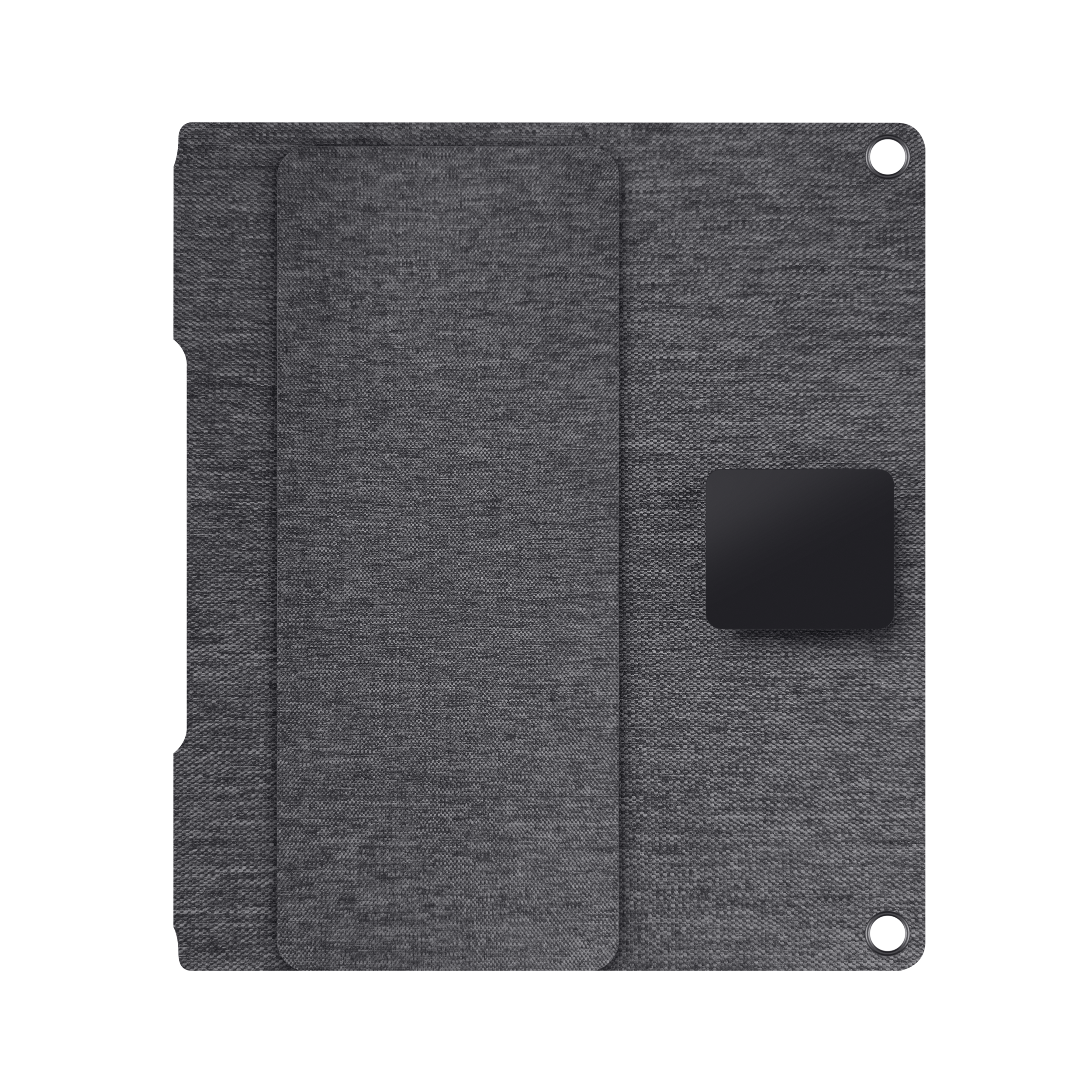 Una superficie in tessuto grigio con un tablet e un quadrato nero sopra.