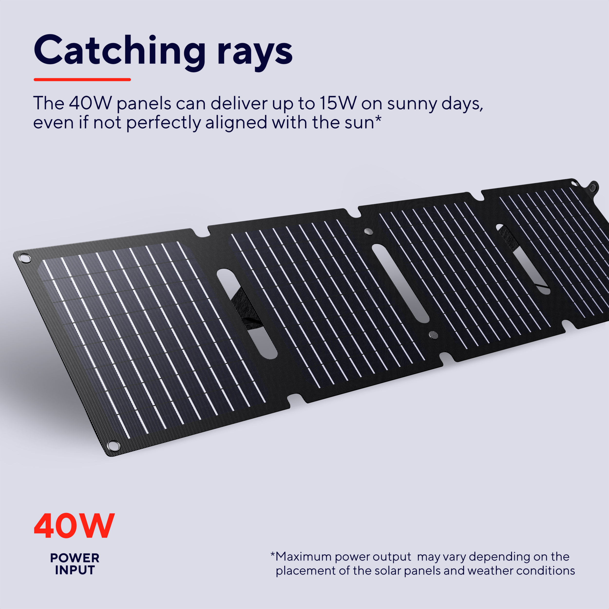 Pannello solare nero con linee bianche, testo 'Catching rays' e '40W Power Input'.