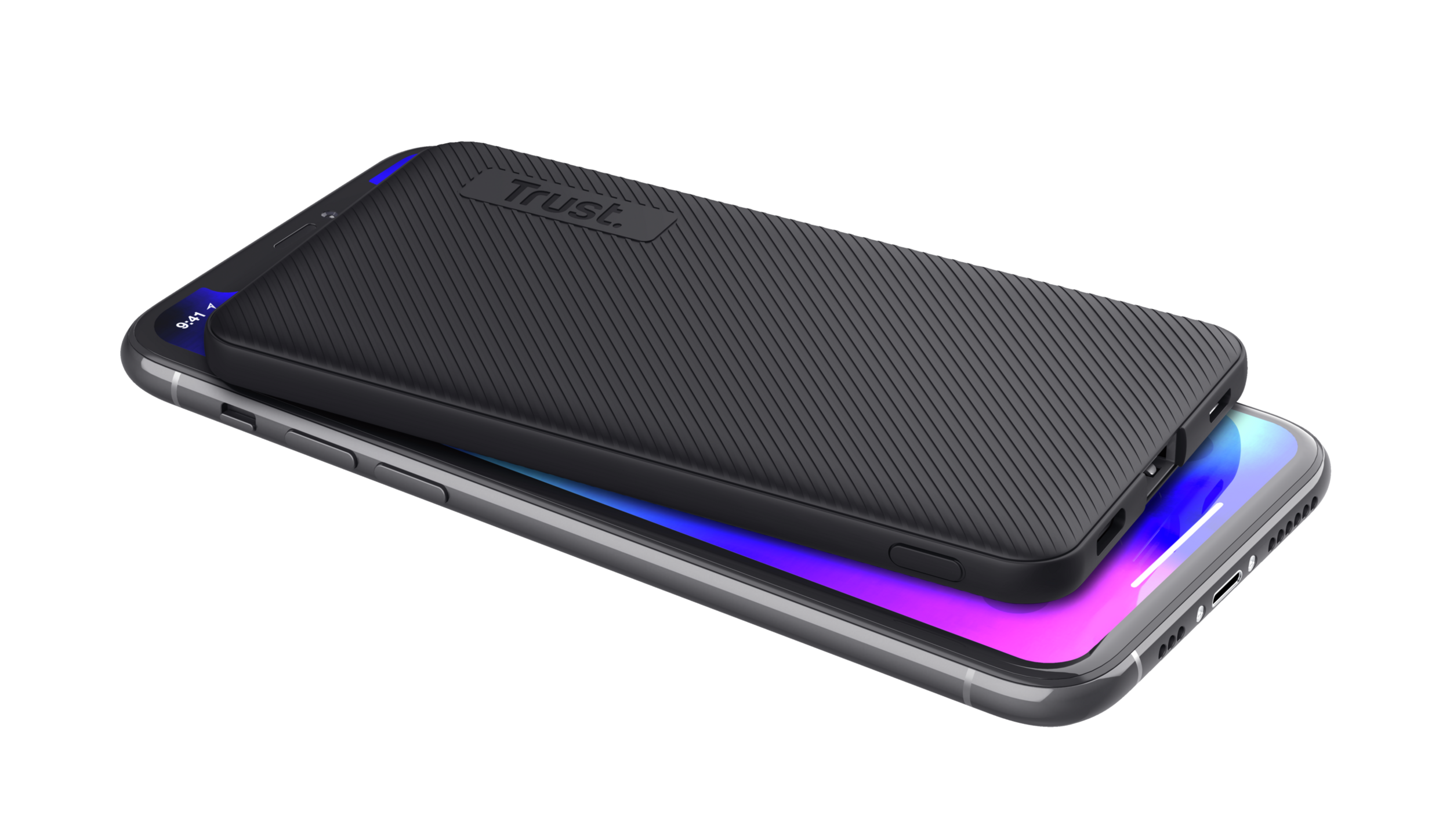 Een telefoon bovenop een zwarte telefoonhoes, bovenop een andere telefoon.
