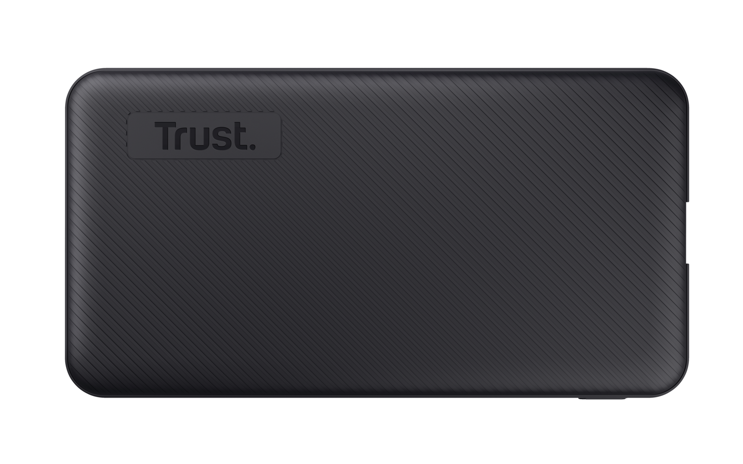Zwarte Trust externe harde schijf. Grijze diagonale lijnen. Trust-logo is aanwezig.