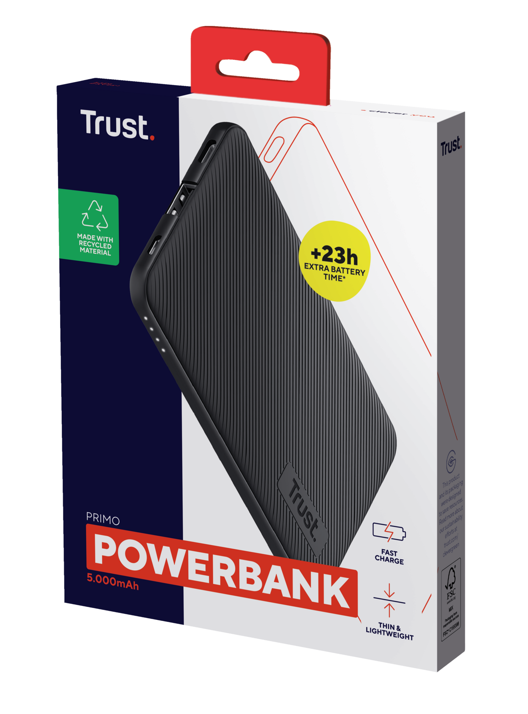 Zwarte powerbank in een verpakking. De verpakking is wit en blauw. Met 'Trust' en 'Powerbank'.