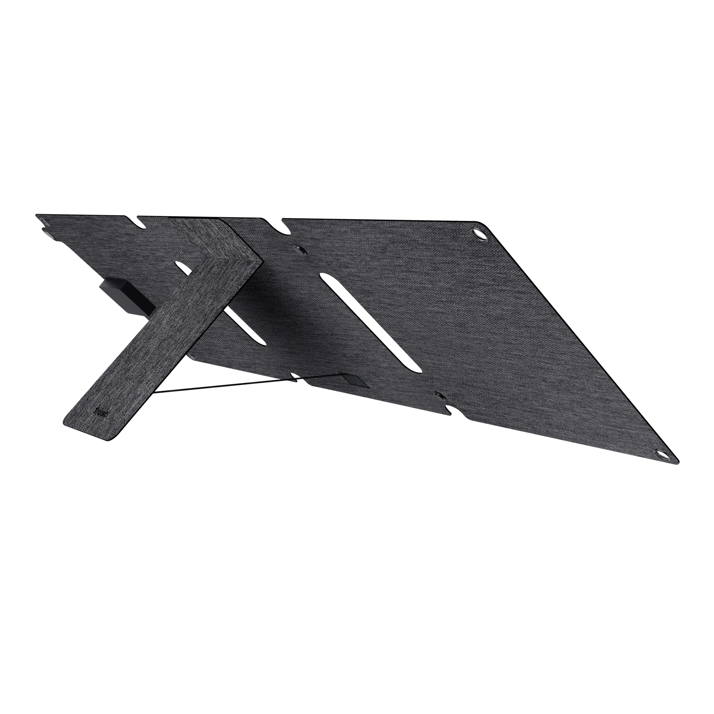 Czarny stojak na tablet na czarnym tle, widok z boku, stojak w pozycji otwartej.