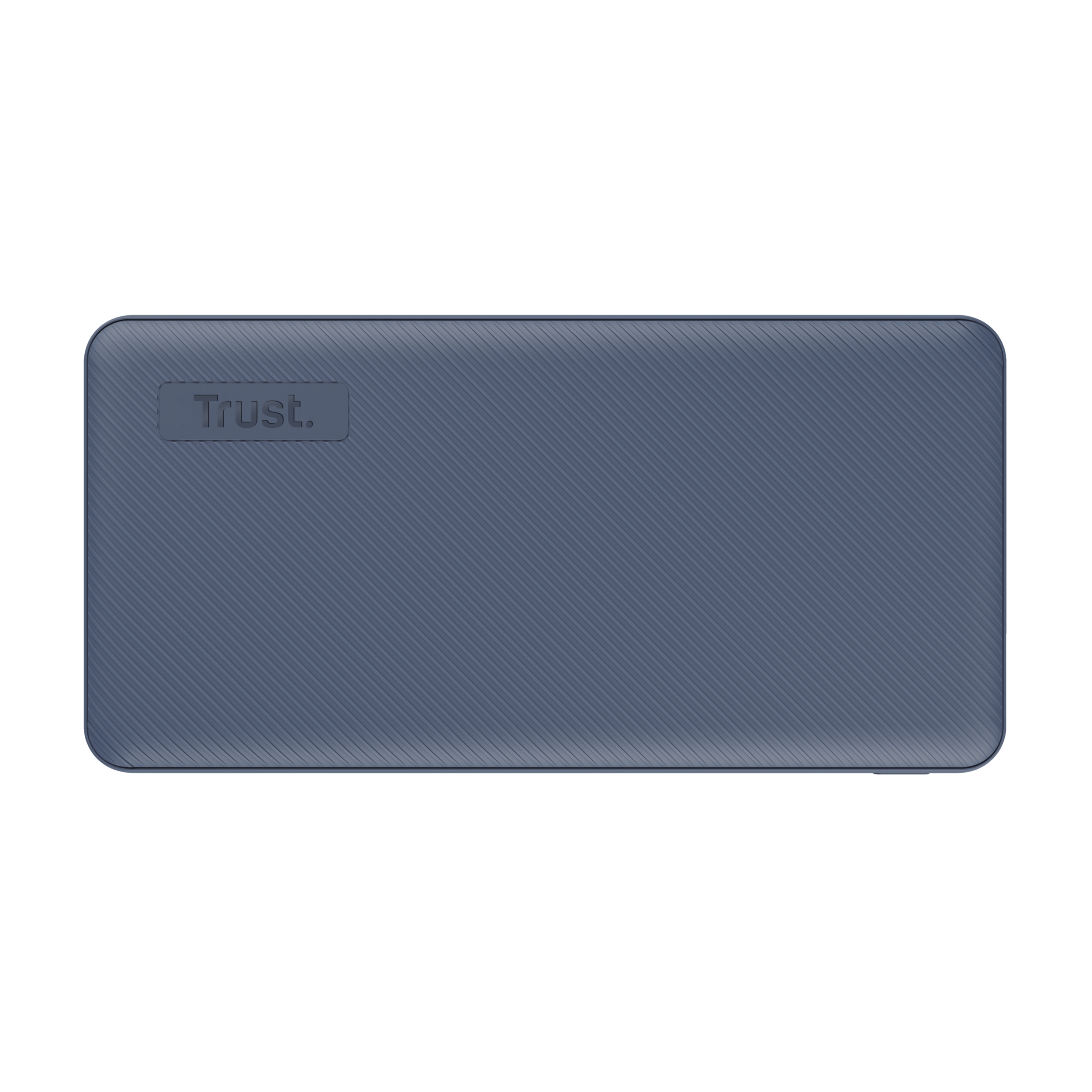 Un power bank Trust azul marino texturizado sobre un fondo negro. El logotipo de Trust es visible.
