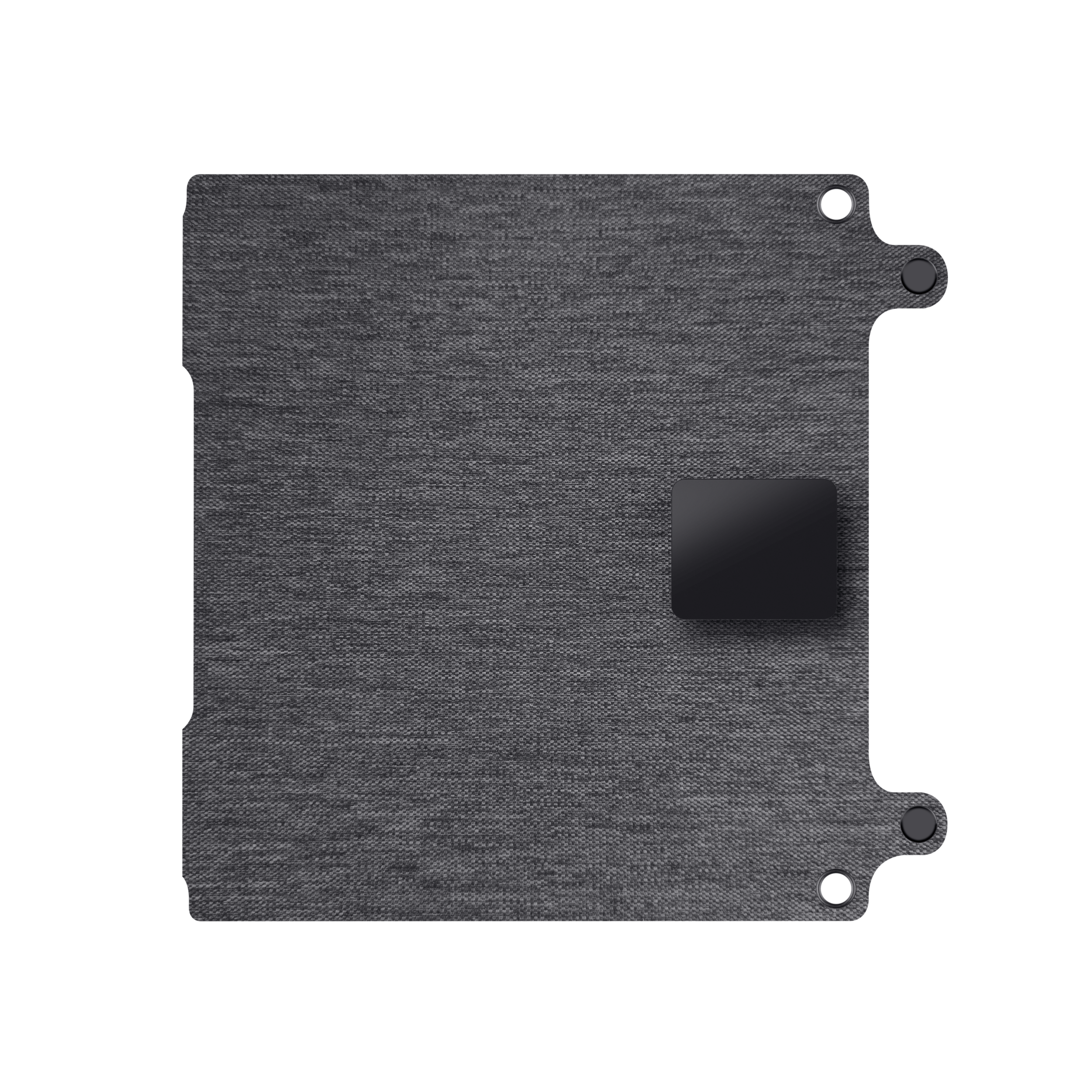 Szare etui z tkaniny na czarnym tle, z małym czarnym kwadratem pośrodku.