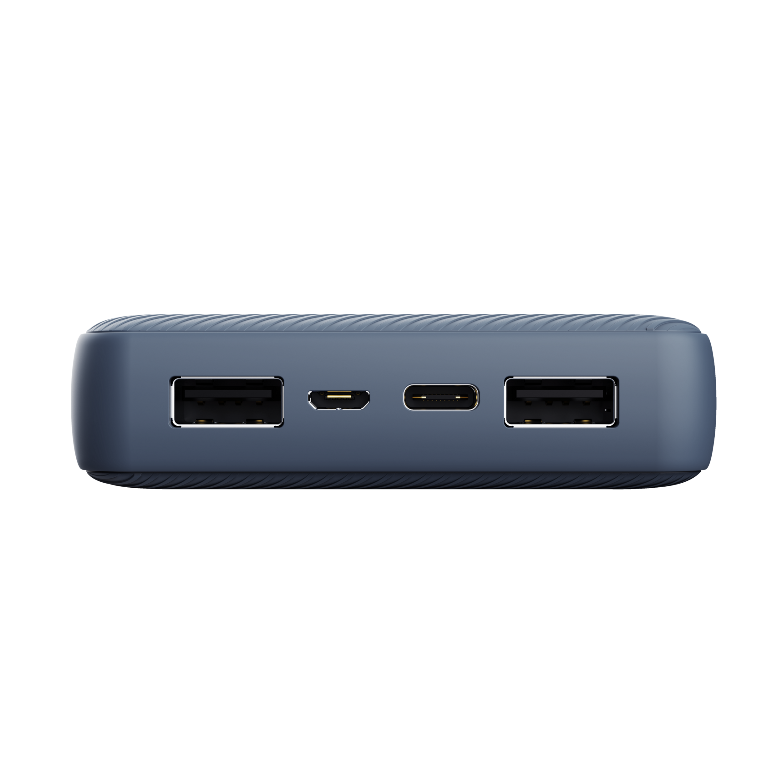 Un banco de energía azul con puertos USB. Tiene un micro USB y un puerto USB-C.