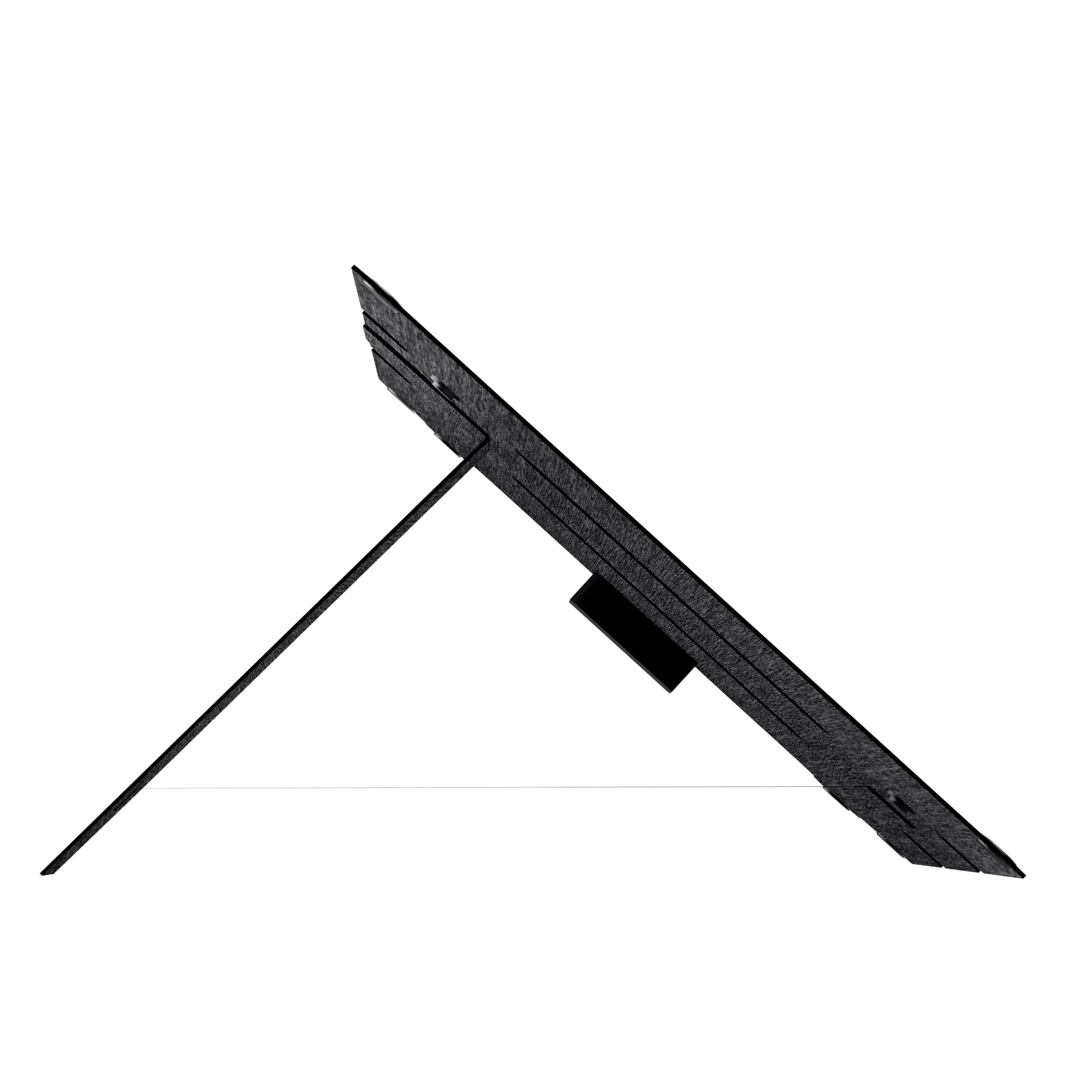 Czarny stojak na tablet z teksturowaną powierzchnią i trójkątną podstawą.