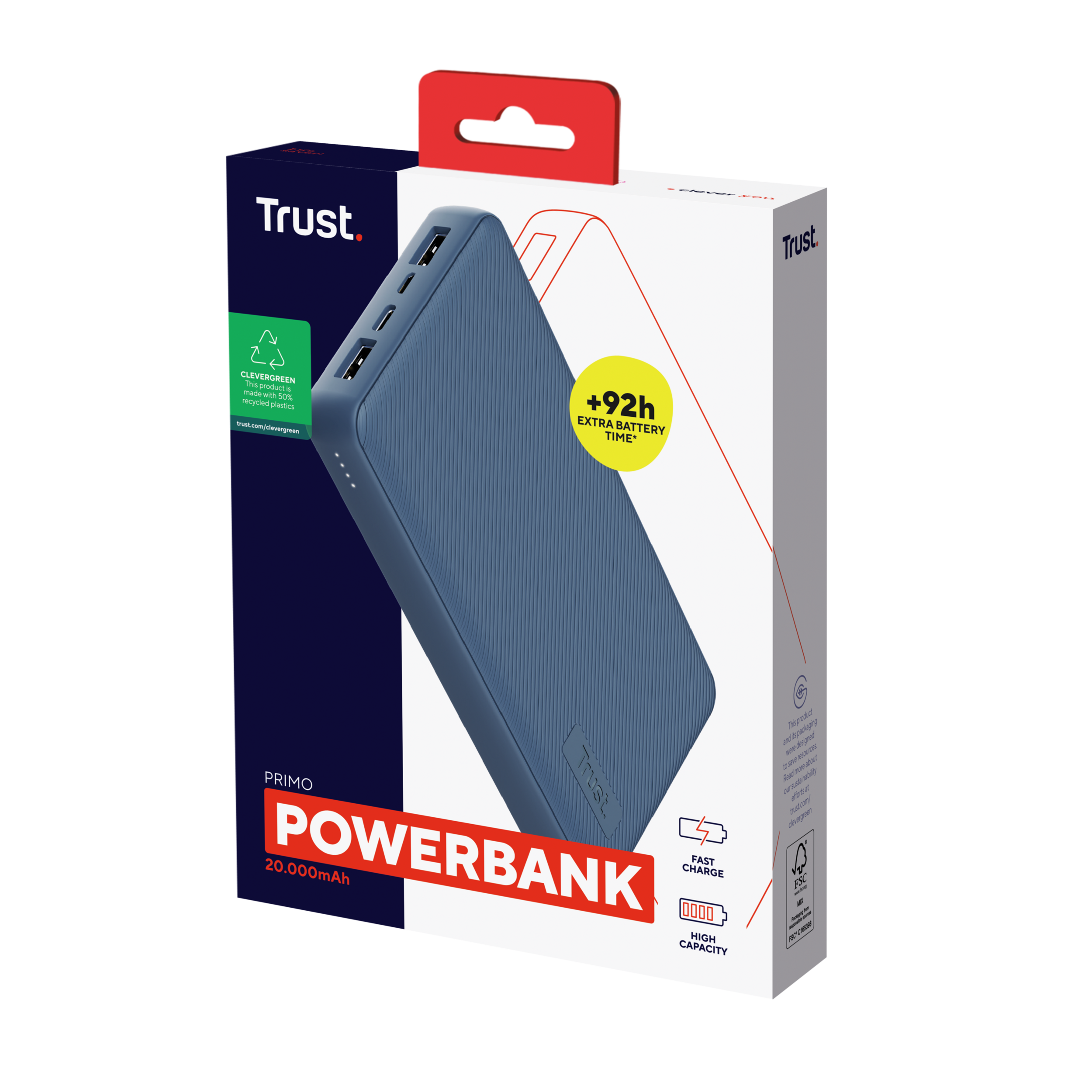 Banco de energía azul en una caja con tapa roja. El banco de energía es azul con la marca Trust.