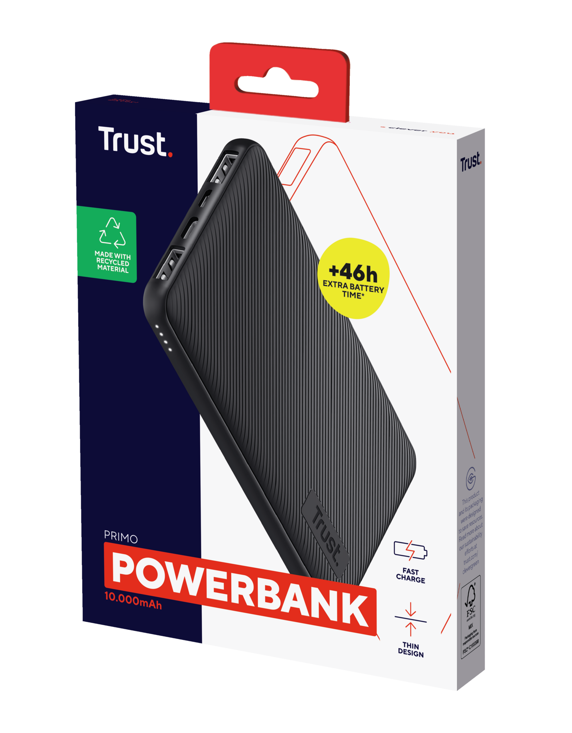 Czarny power bank z logo Trust na białym i czarnym pudełku.