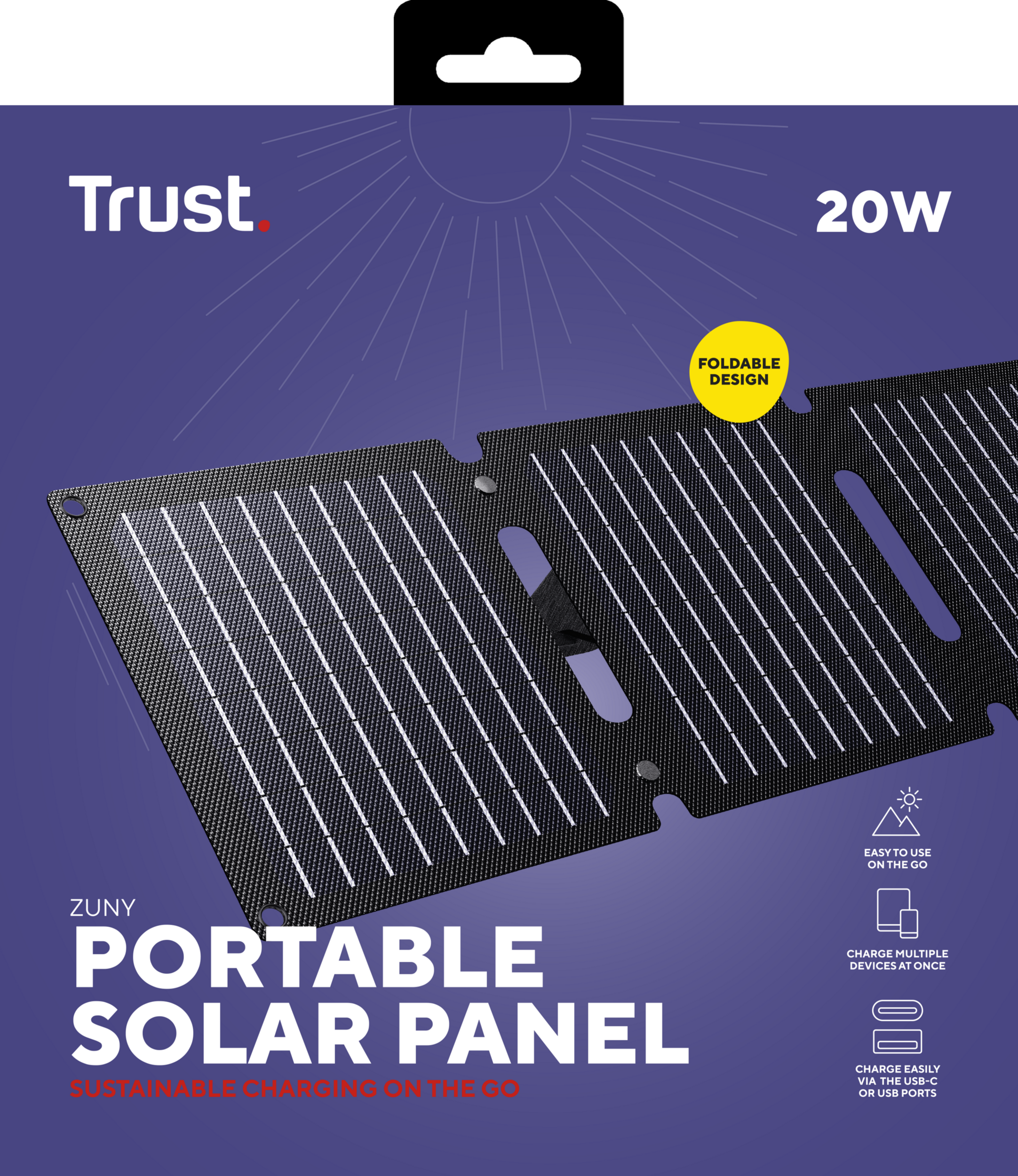 Przenośny panel słoneczny, czarny z białymi liniami, i tekstem: 'ZUNY Portable Solar Panel'.