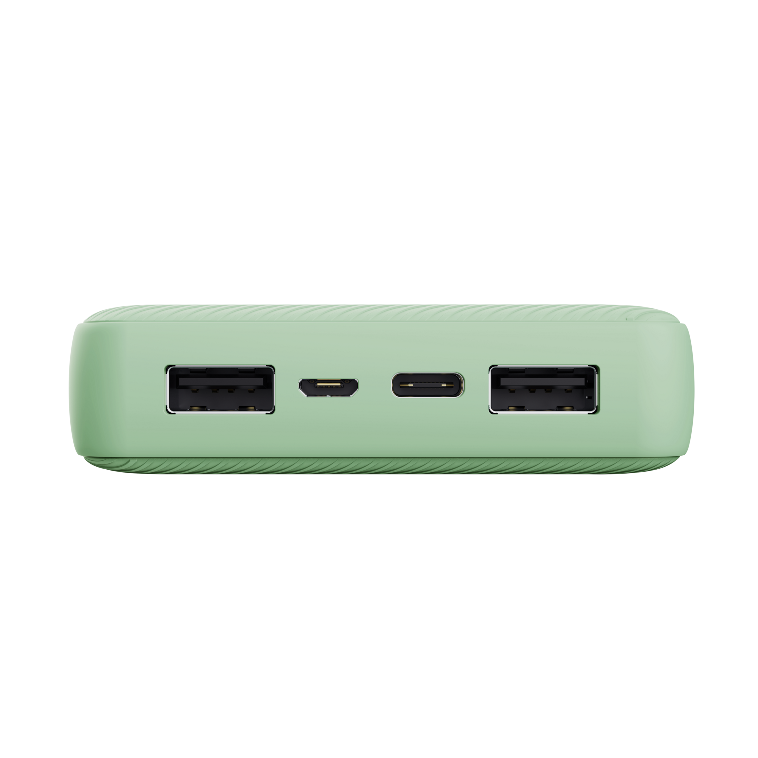 Un power bank verde menta con porte USB e una porta USB-C su sfondo nero.