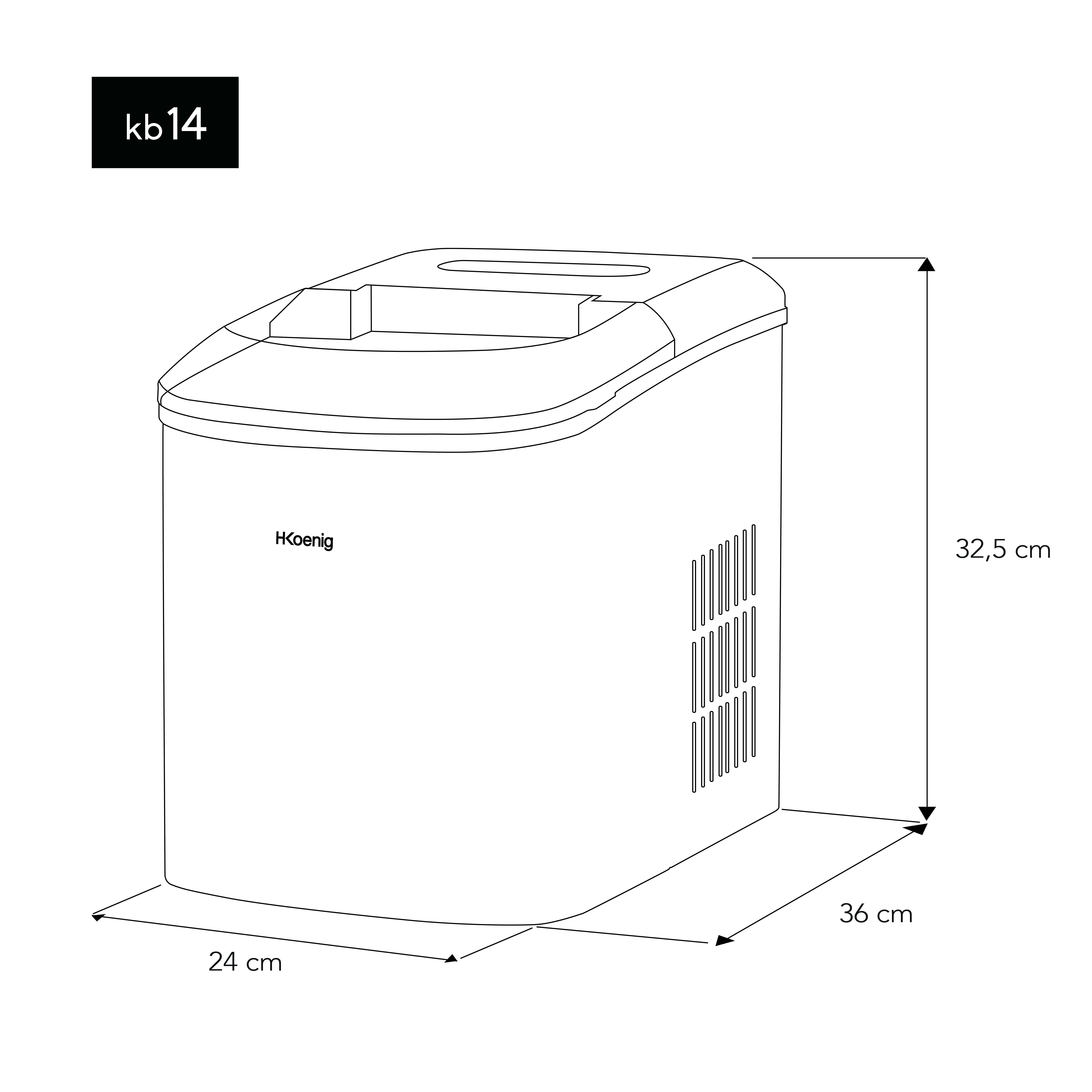 Disegno al tratto di una fabbricatore di ghiaccio con dimensioni in cm.