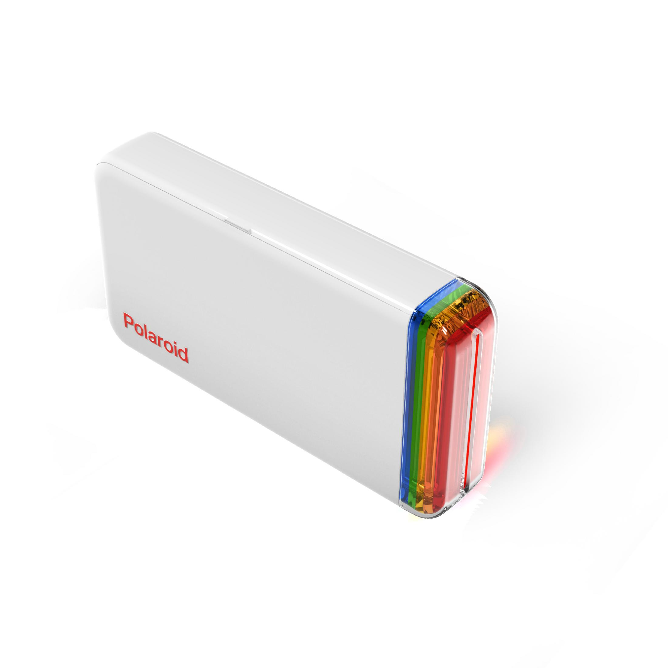 Een witte Polaroid-camera met gekleurde randen. Het woord Polaroid staat erop.