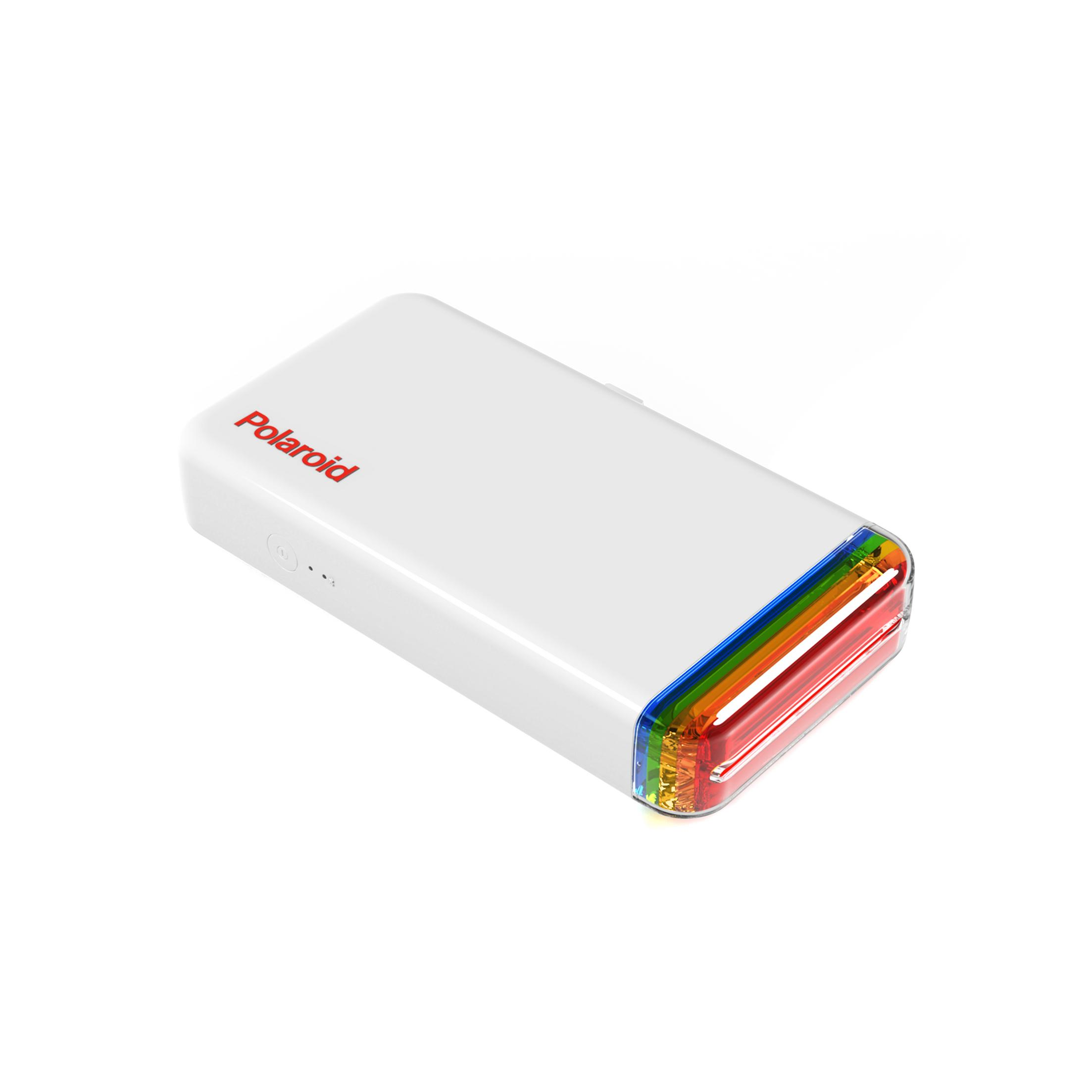 Witte Polaroid printer met kleurrijke lichtbalk.