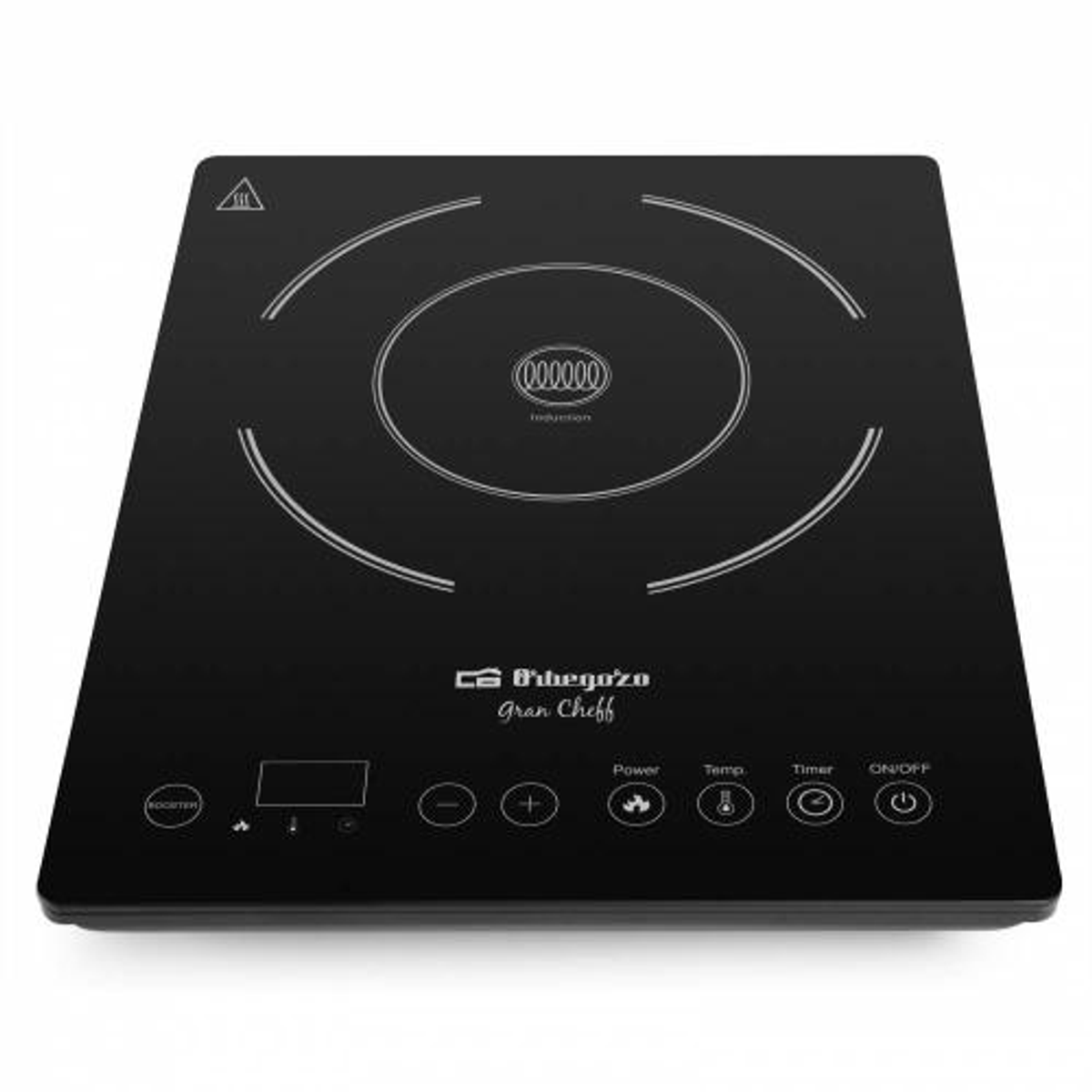 Czarna płyta indukcyjna z pojedynczą strefą grzewczą. Posiada wyświetlacz cyfrowy i elementy sterowania dotykowego.