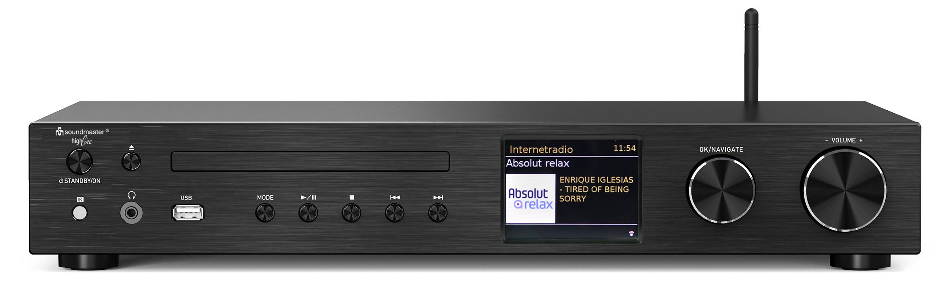 Schwarzes Soundmaster HiLine CD/Internetradio mit Display, das Absolut Relax und Song-Infos anzeigt.