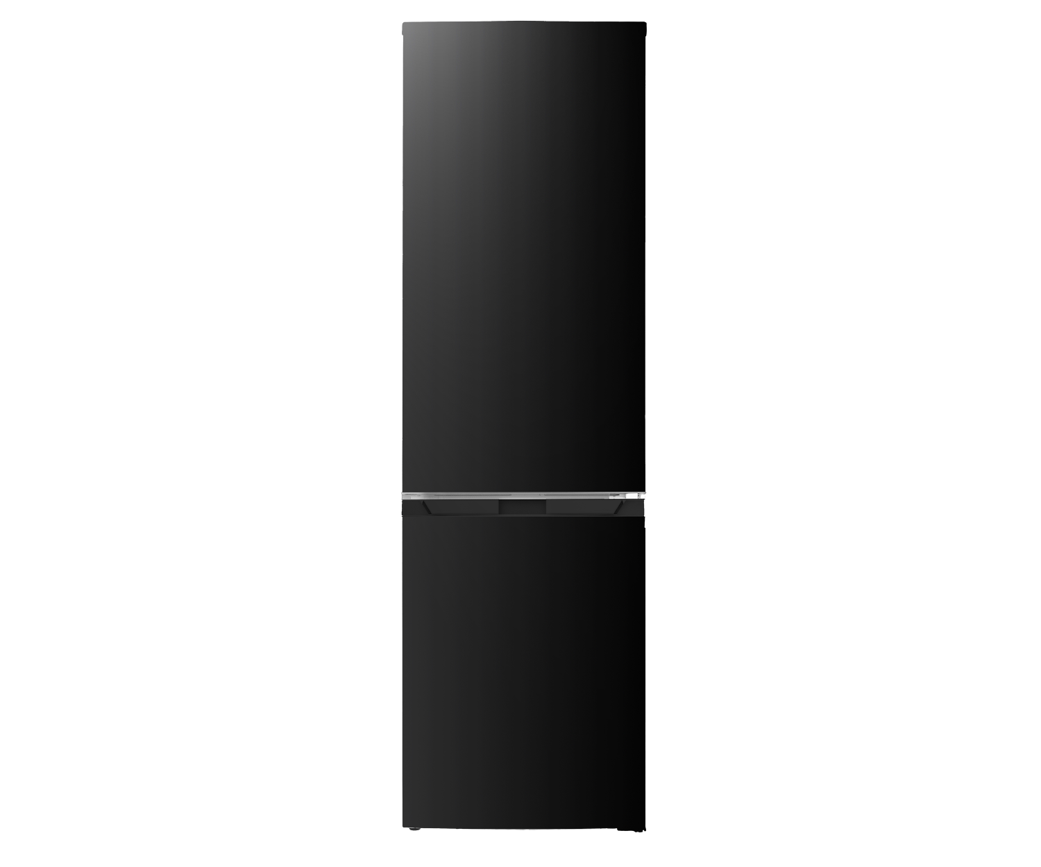 Black refrigerator, two doors, with a handle and a bottom freezer compartment.