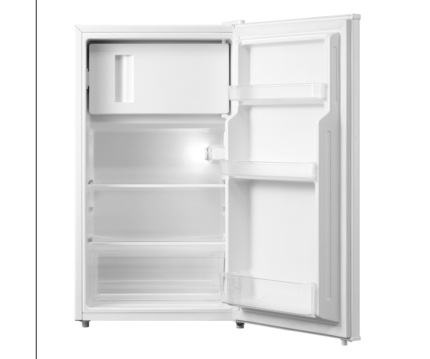 Mini-réfrigérateur blanc avec porte ouverte montrant des étagères et un compartiment.