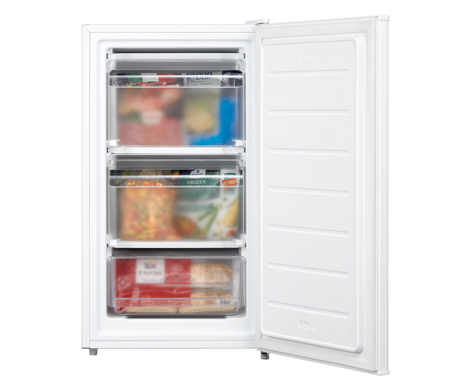 Refrigerador blanco abierto con tres cajones transparentes que contienen alimentos.