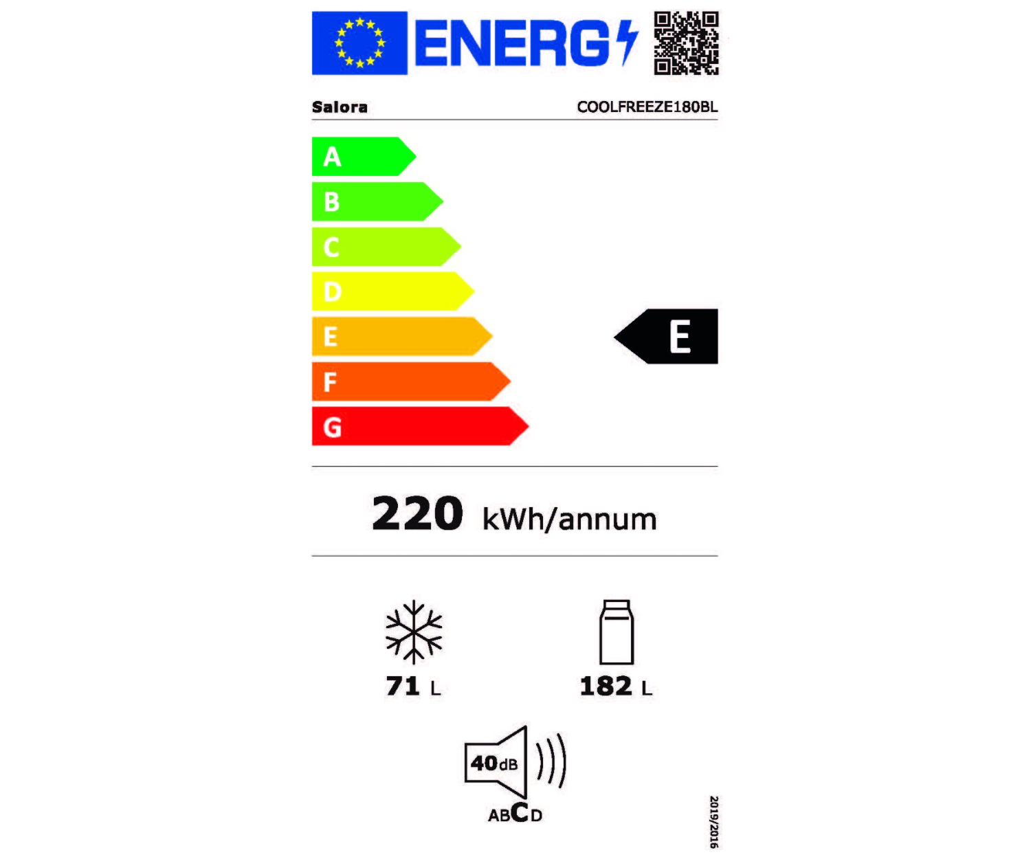 An energy label showing the energy efficiency rating is E. It also has icons for a freezer and a bottle.