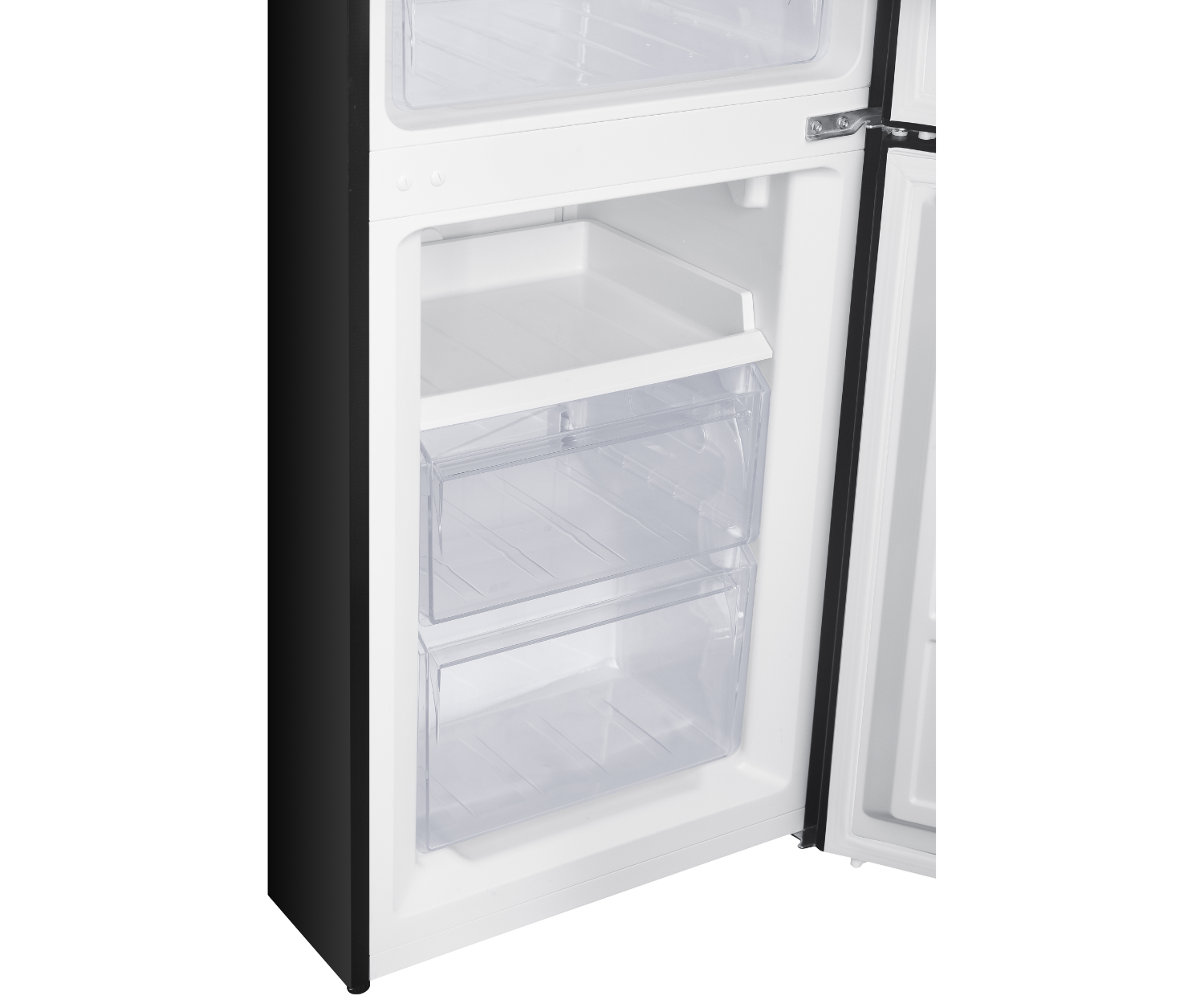 Refrigerator interior with clear plastic drawers and shelves. Black exterior.