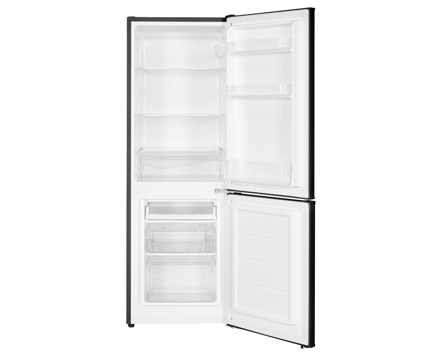 Réfrigérateur ouvert montrant étagères, tiroirs et compartiments. Extérieur bleu foncé avec intérieur blanc.