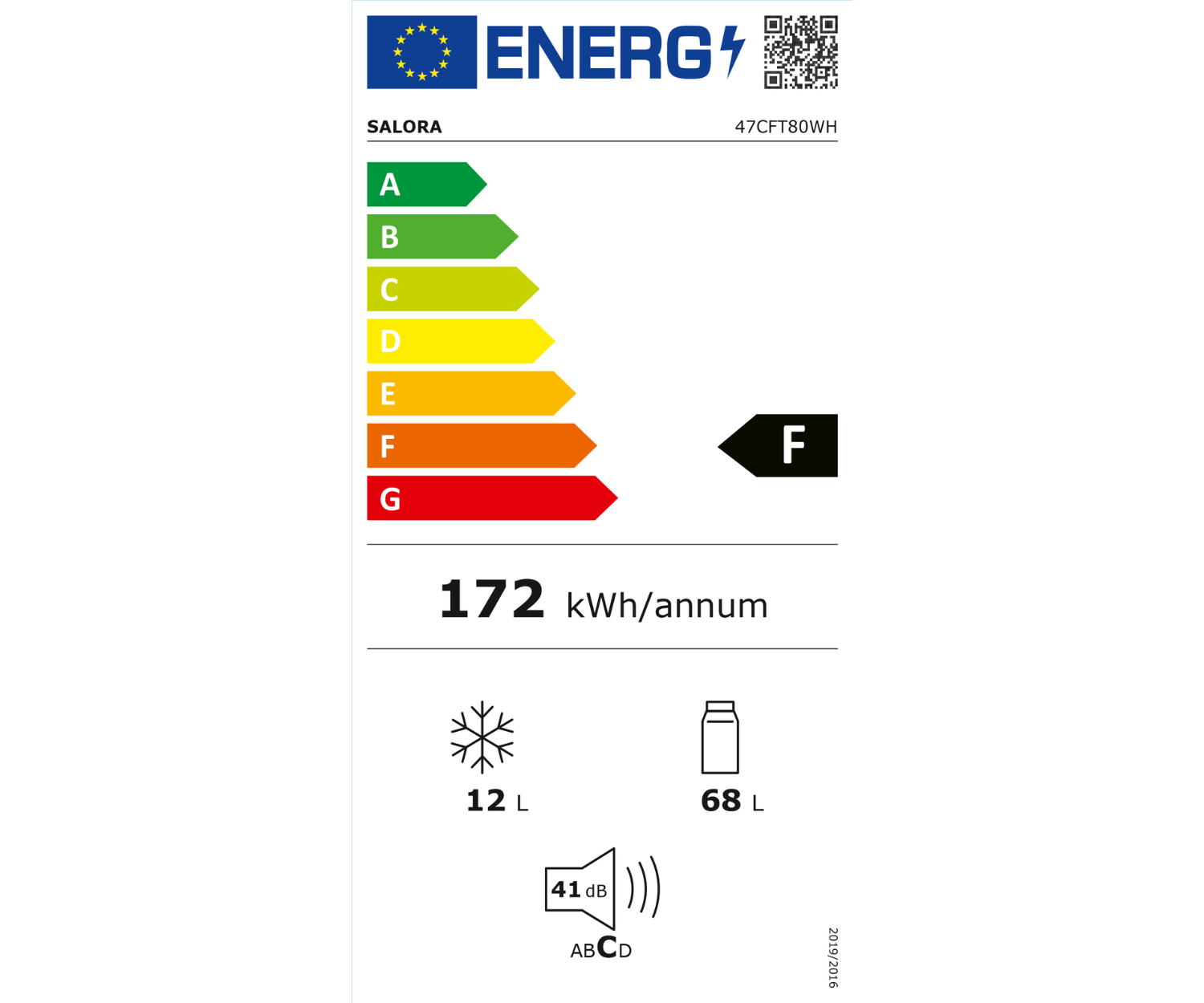 Étiquette énergétique pour un réfrigérateur SALORA. Affiche l'efficacité énergétique.