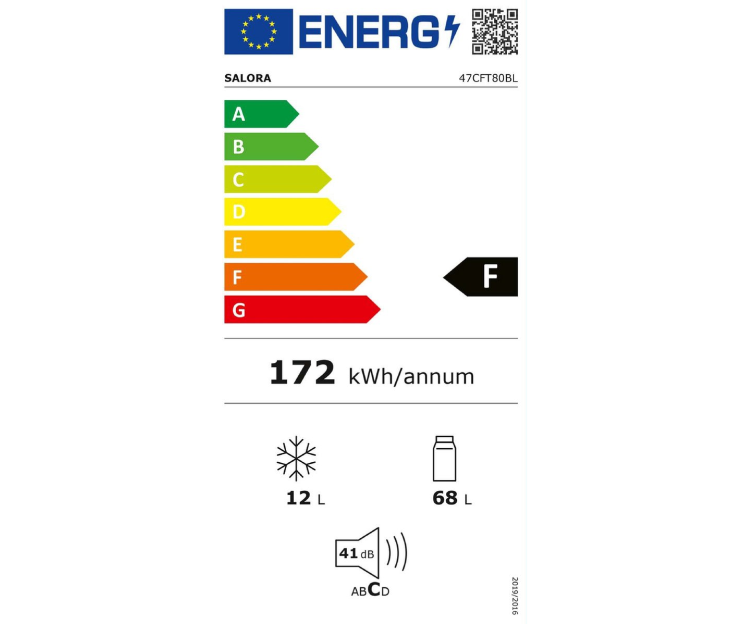 Une étiquette d'efficacité énergétique avec des notes de A à G. La note est F.