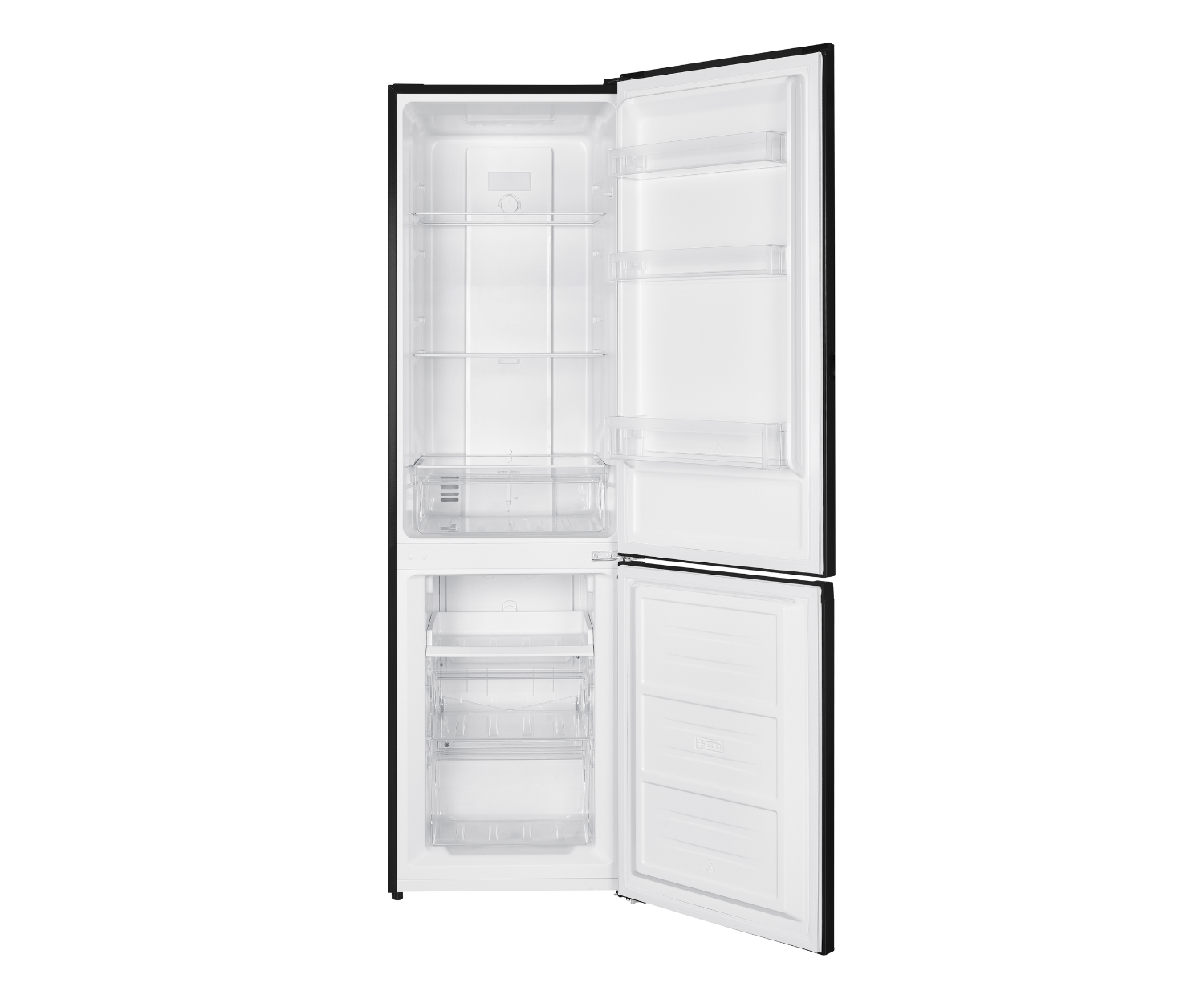 Black and white refrigerator. Open doors revealing shelves and drawers. Interior is white.