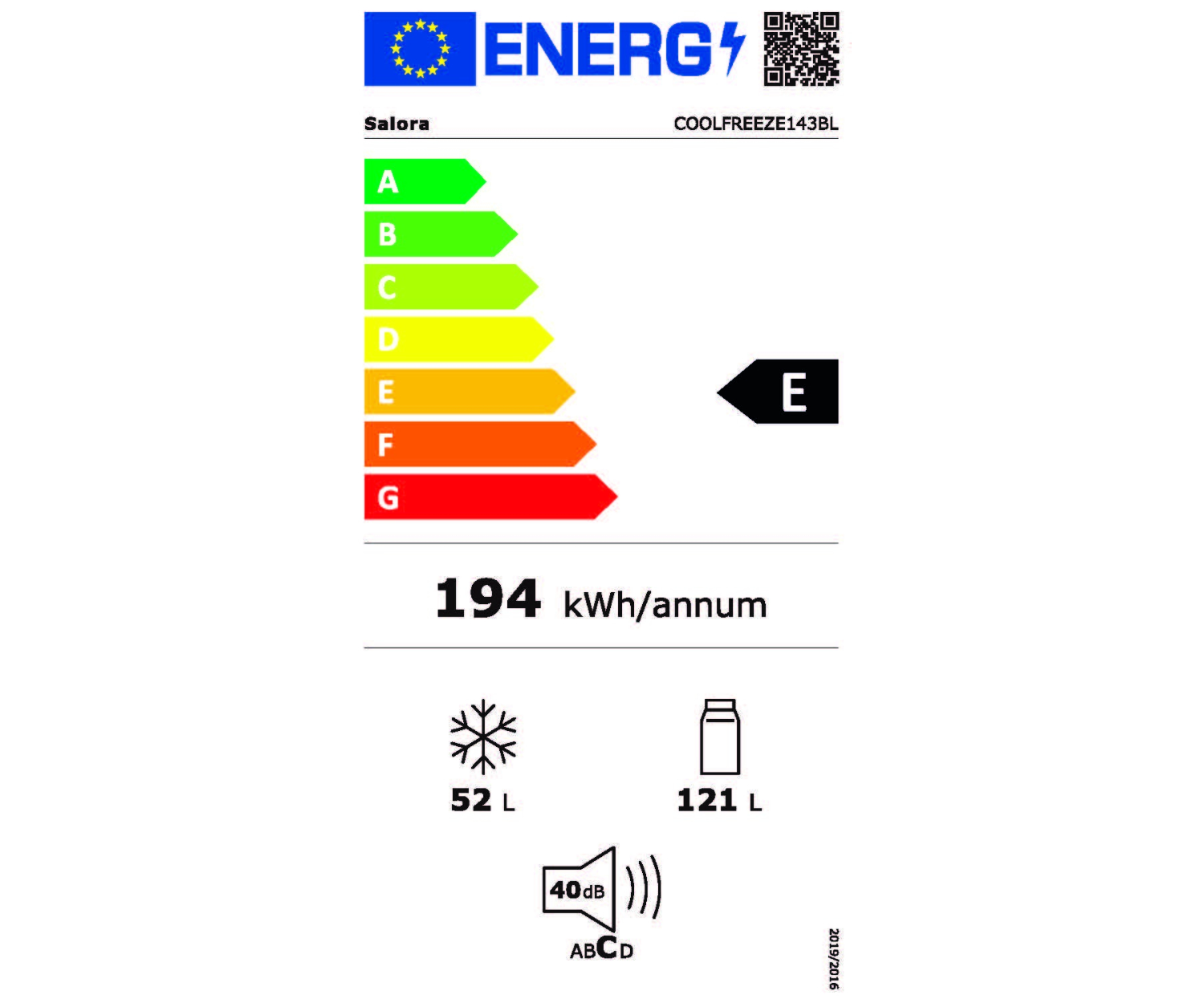 Une étiquette énergétique pour un réfrigérateur indiquant une note E. 194 kWh/an s'affiche.