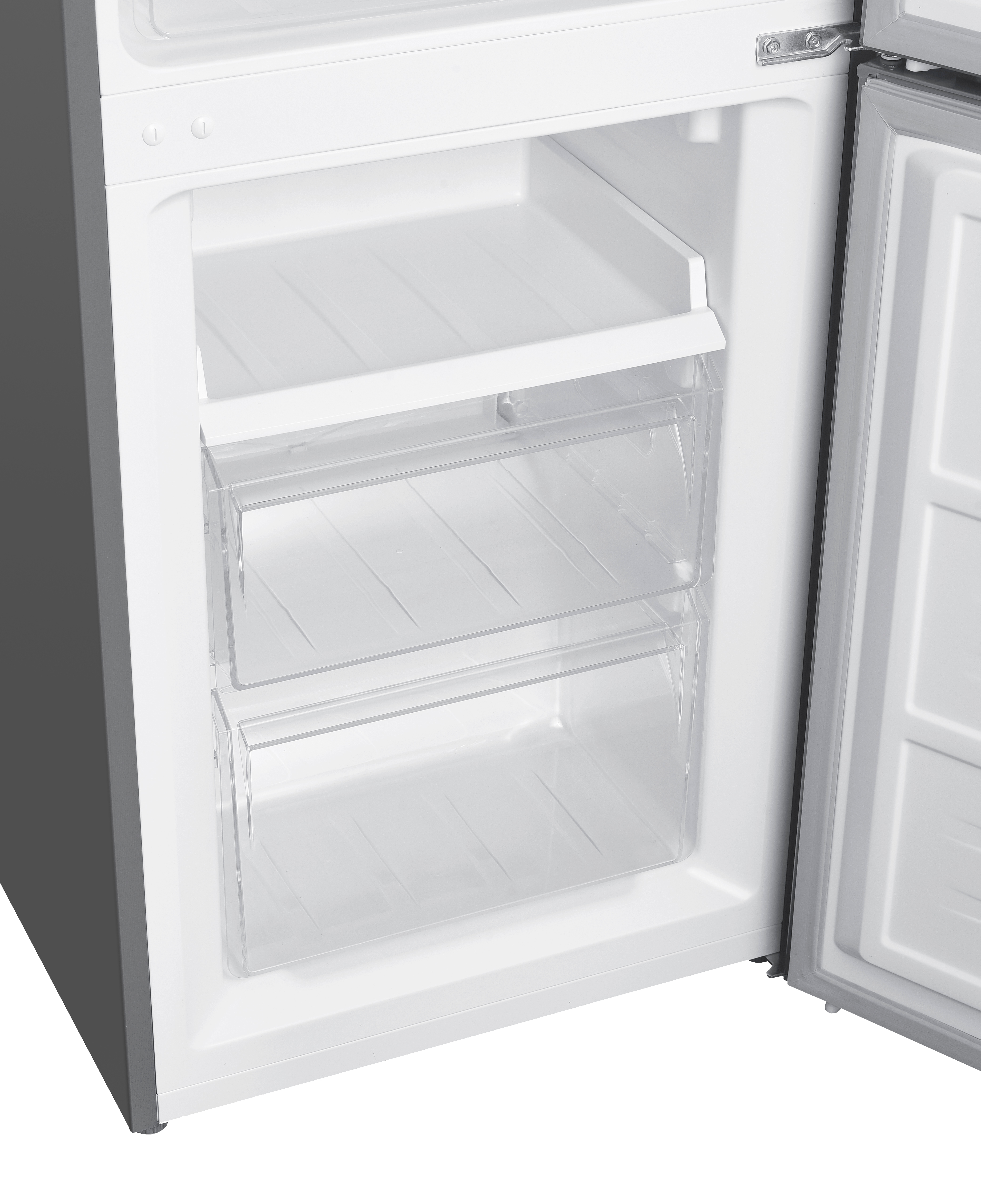 Open refrigerator with two clear drawers. Inside, two empty drawers are visible.