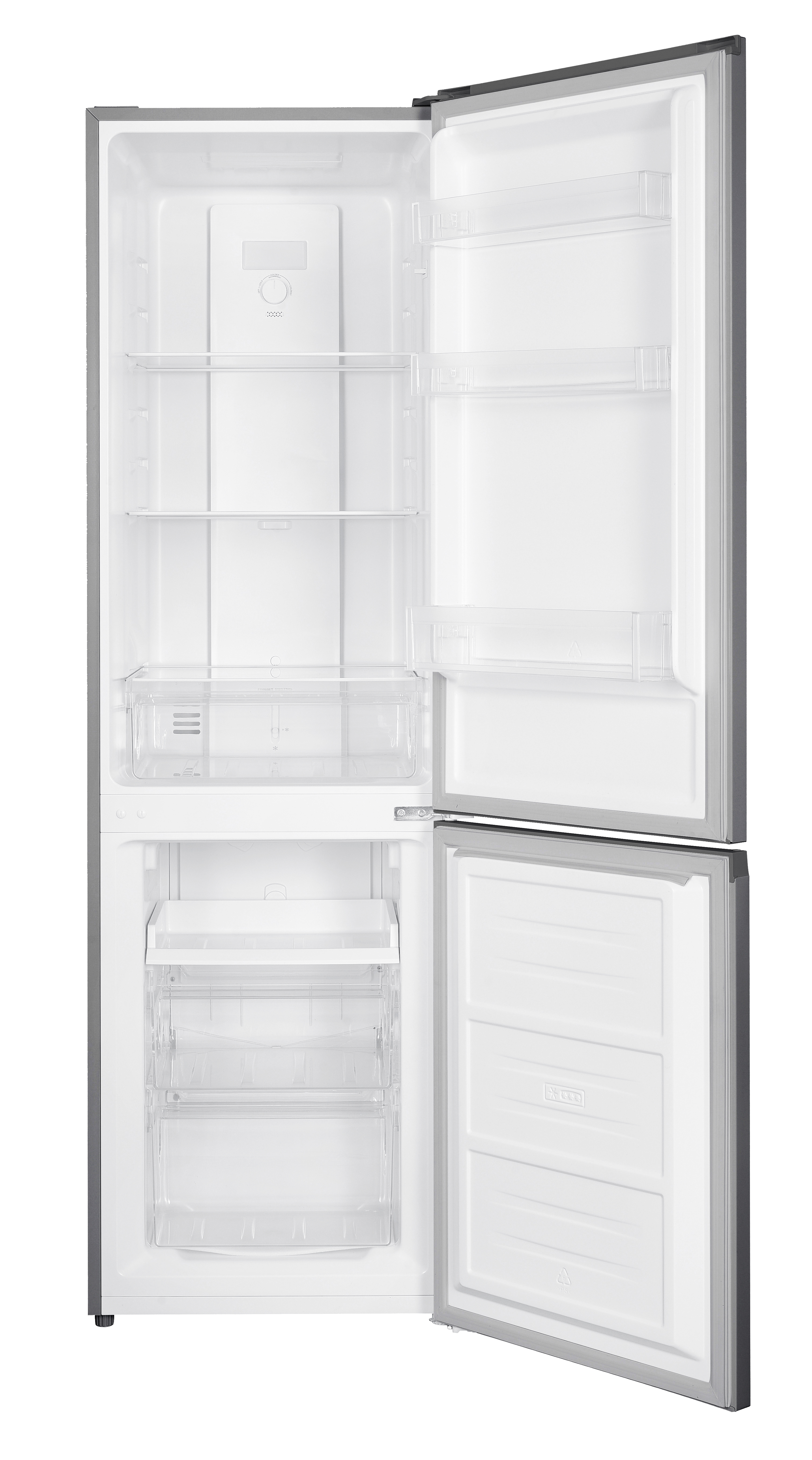 Open refrigerator with a white interior. Shelves, drawers, and a freezer compartment are visible.