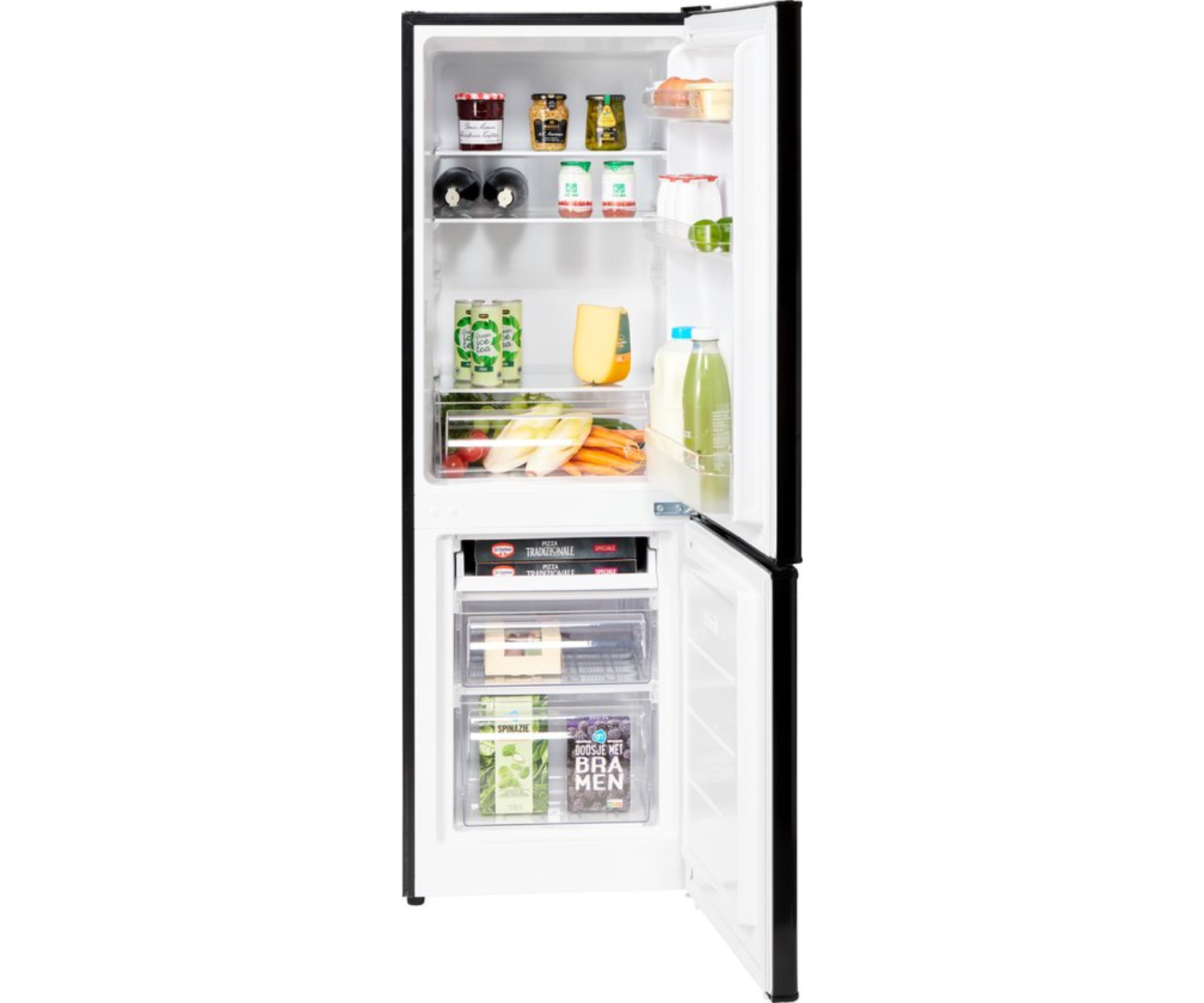 Réfrigérateur ouvert rempli de nourriture. Comprend des fruits, des légumes, des boissons et d'autres aliments.