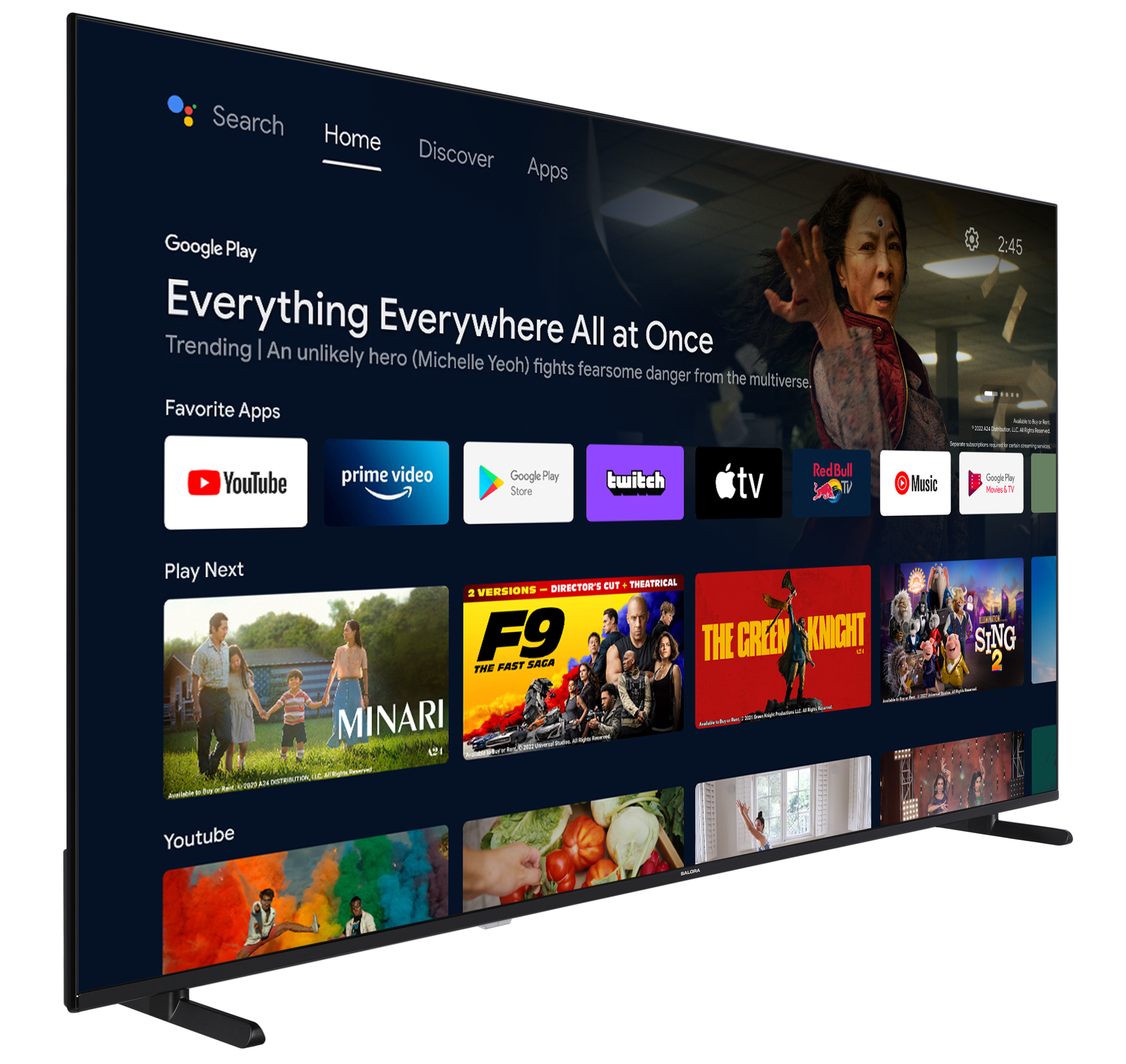 Een groot tv-scherm met het Google Play-startscherm met filmsuggesties.
