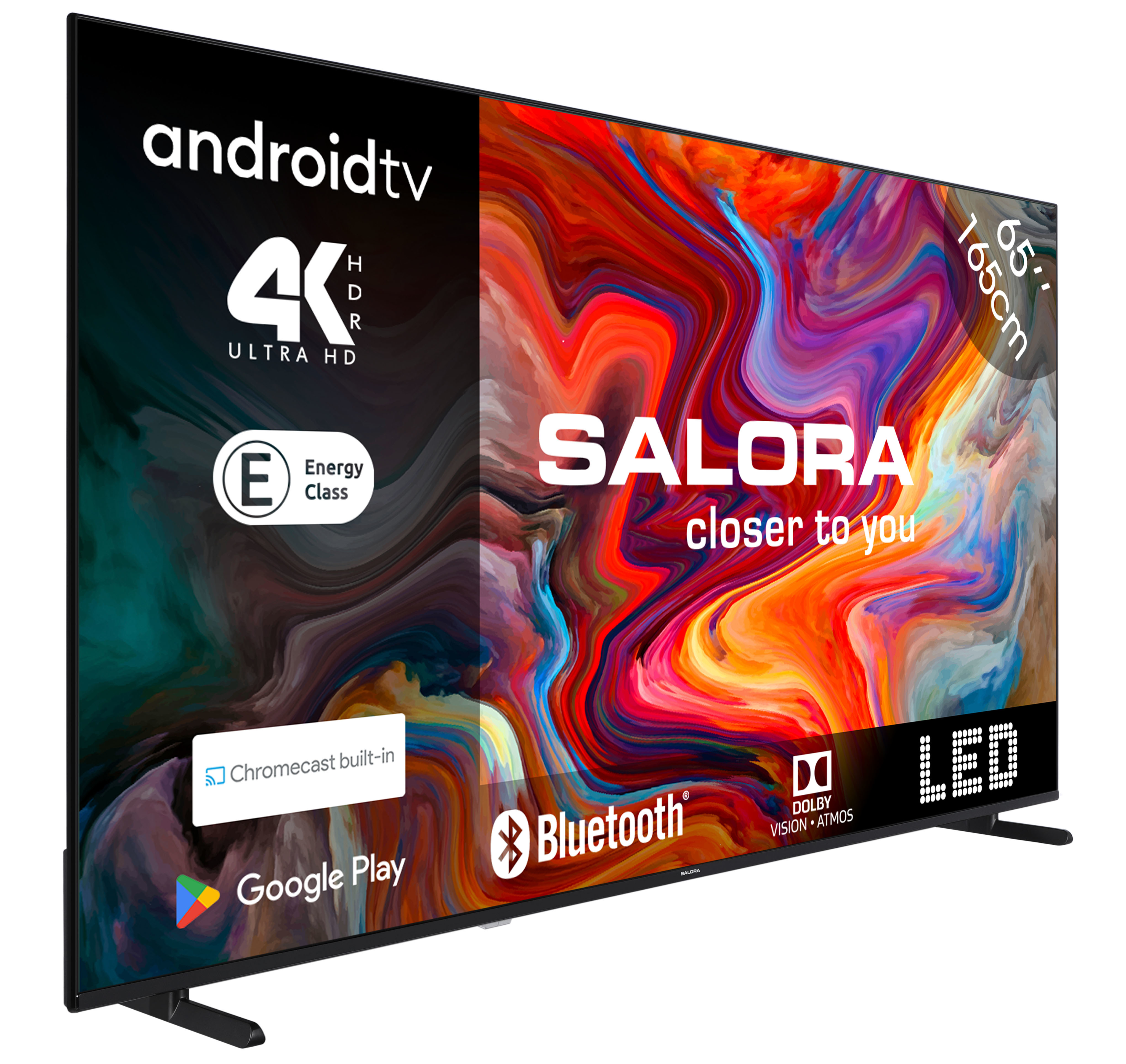 Grote zwarte Salora LED TV met Android TV logo. Het heeft een kleurrijk scherm en een formaat van 65 inch.