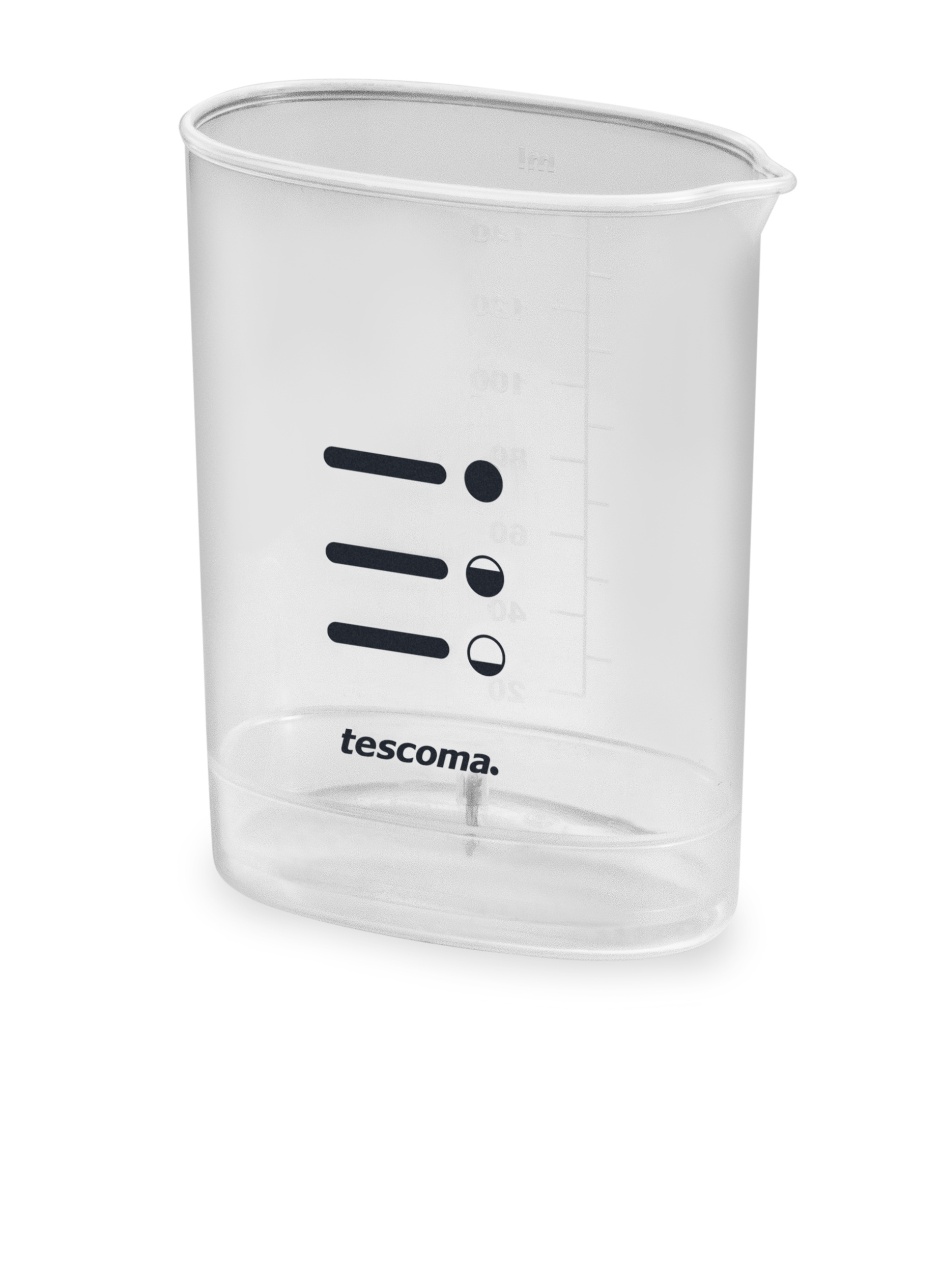Ein durchsichtiger Messbecher mit schwarzen Markierungen und dem Wort 'tescoma'.