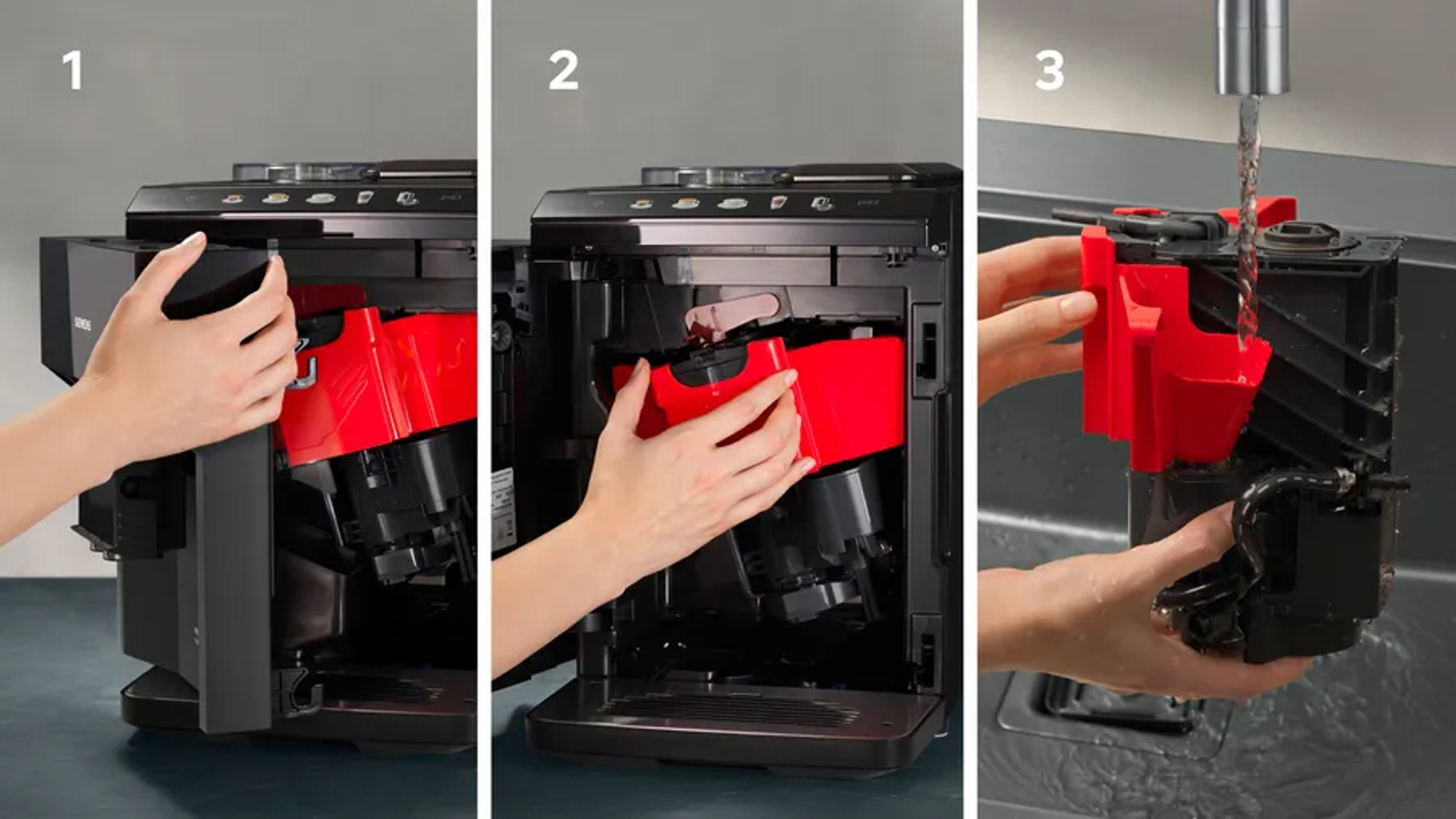 Ekspres do kawy zdemontowany do czyszczenia, kroki 1, 2, 3.