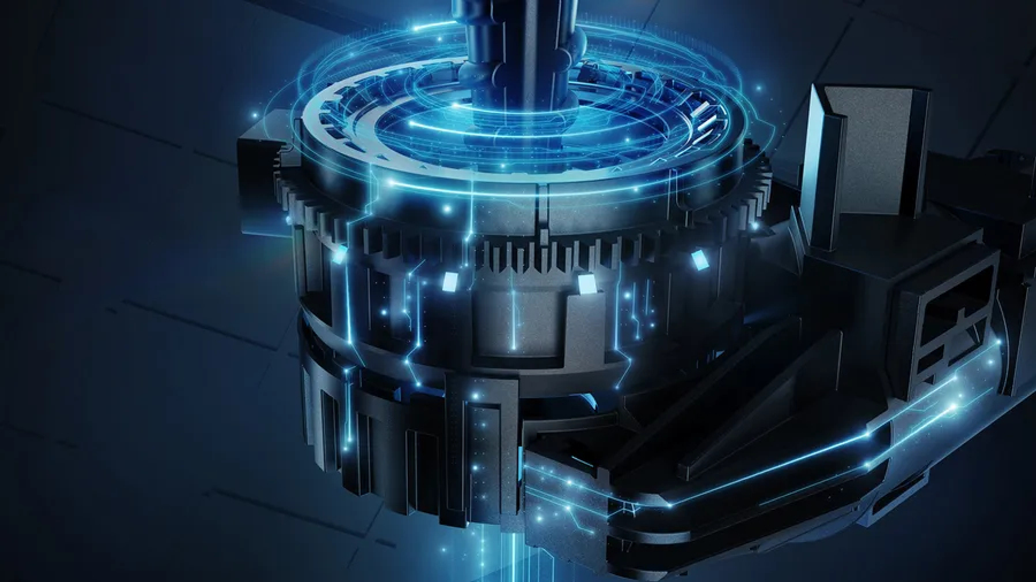 Zbliżenie urządzenia mechanicznego z niebieskimi świecącymi światłami i detalami przekładni.