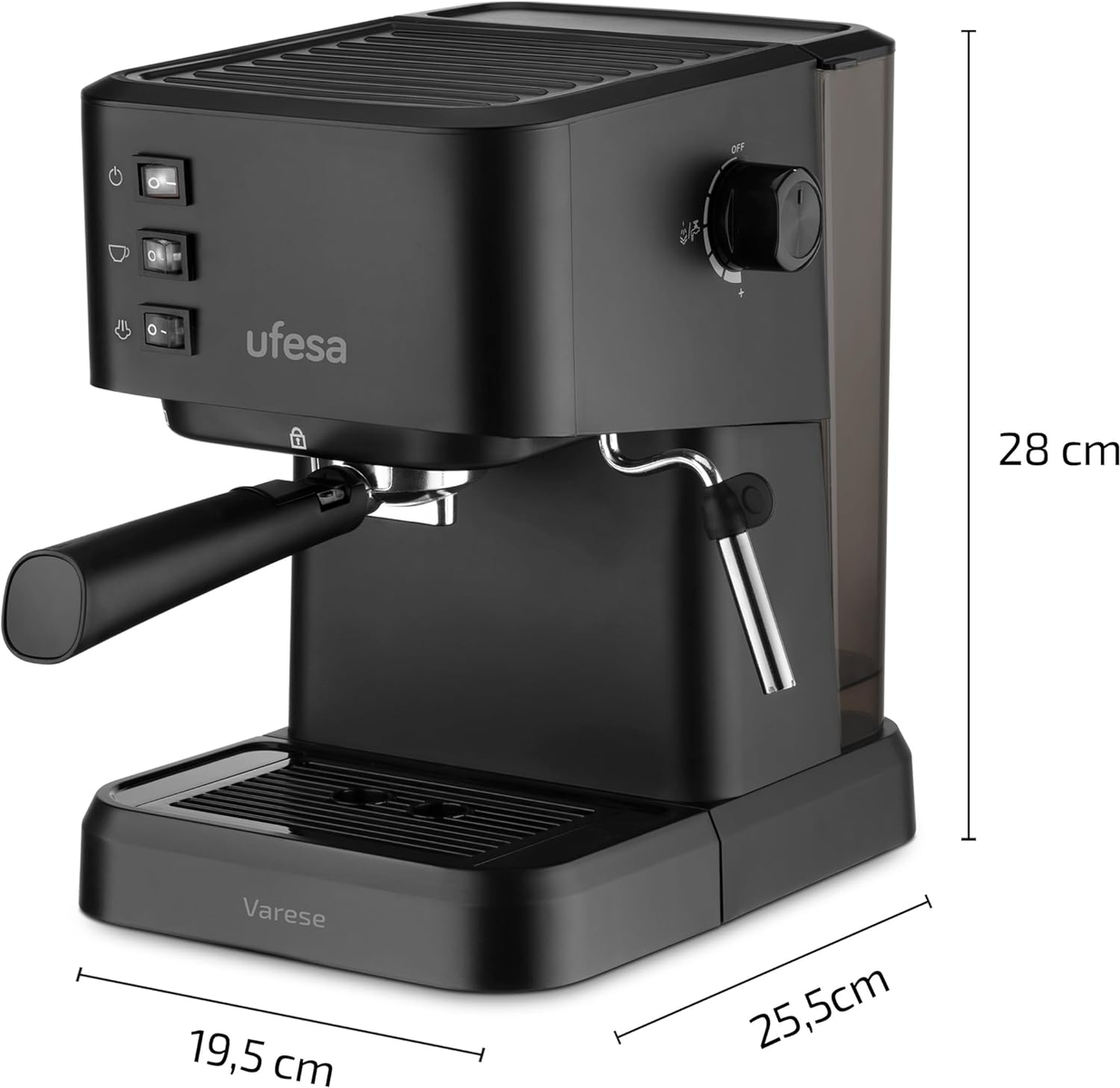 Máquina de espresso Ufesa negra. Se proporcionan dimensiones: 19,5 cm, 25,5 cm y 28 cm.