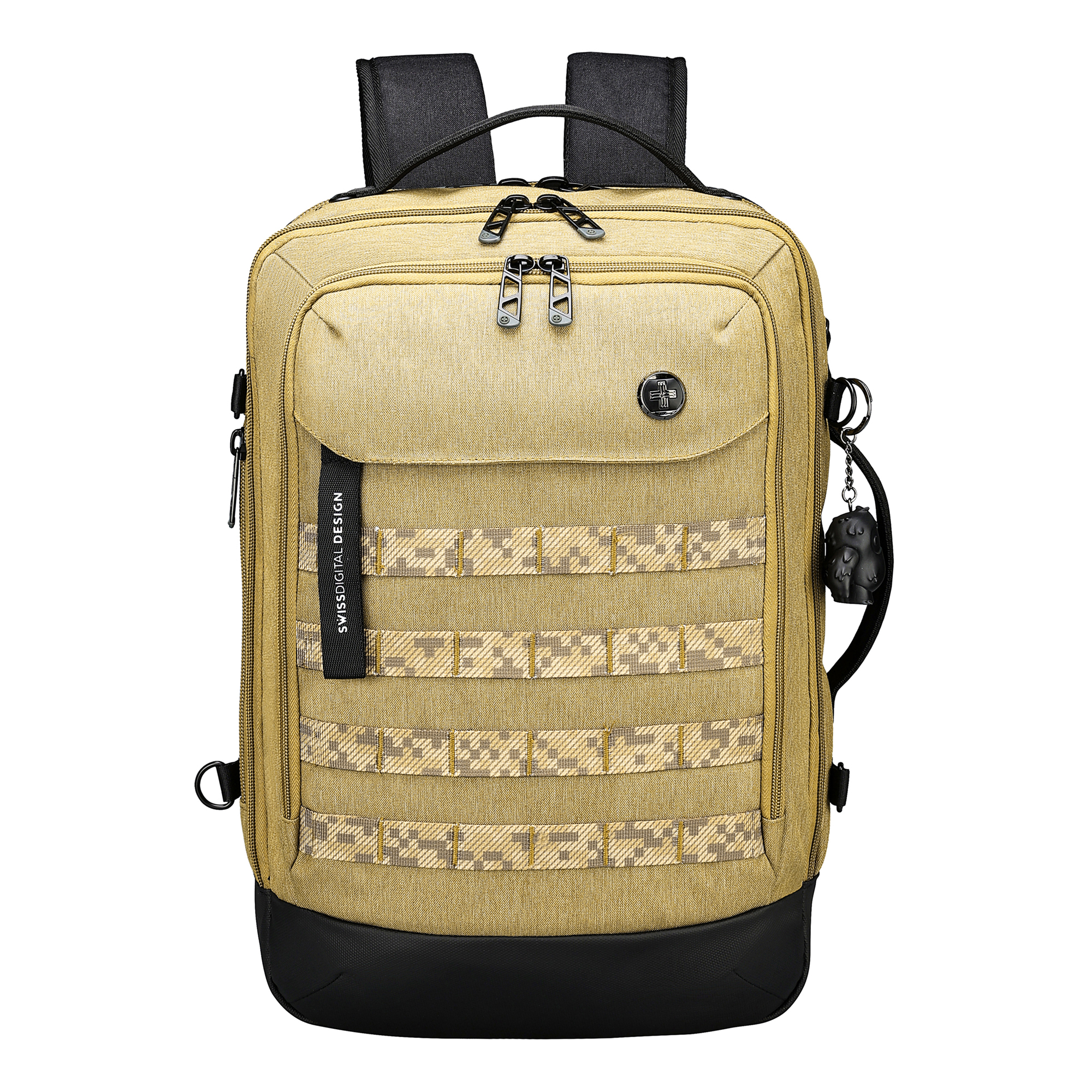 Zaino beige con dettagli neri e mimetici. Ha scomparti multipli e un piccolo portachiavi laterale.