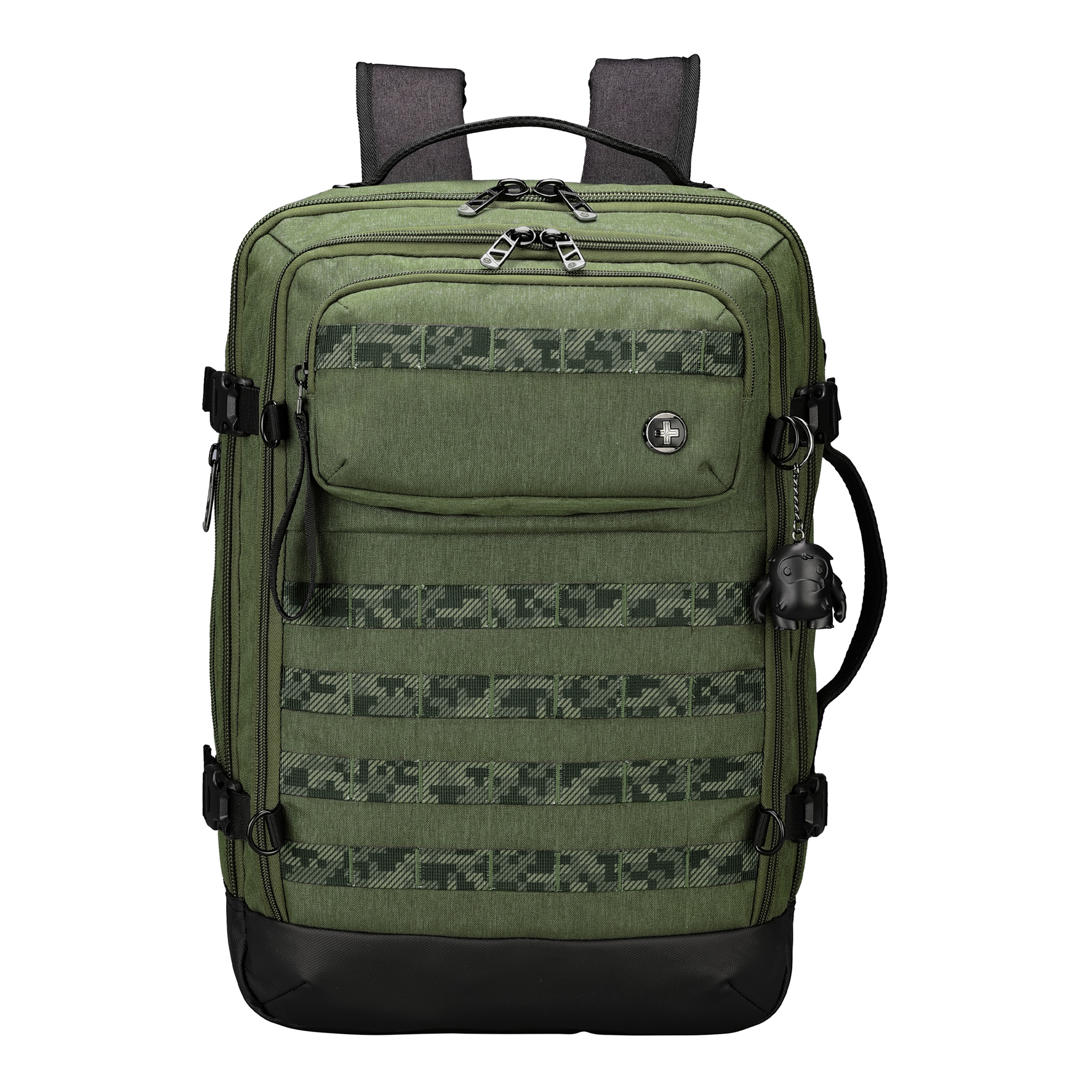 Zaino verde con scomparti multipli, cinghie nere e un piccolo portachiavi.