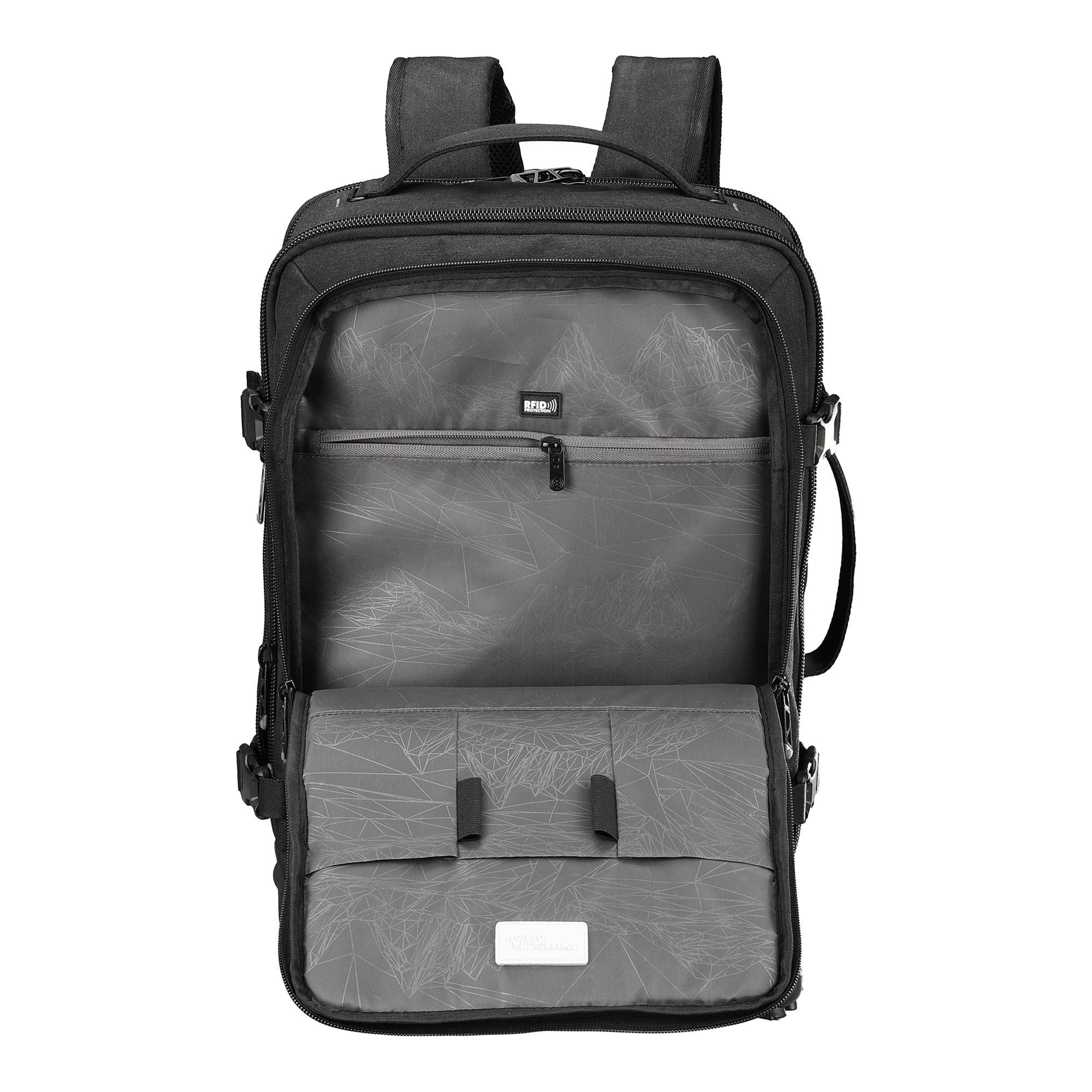 Zaino nero con scomparto aperto che mostra interno grigio e varie tasche.