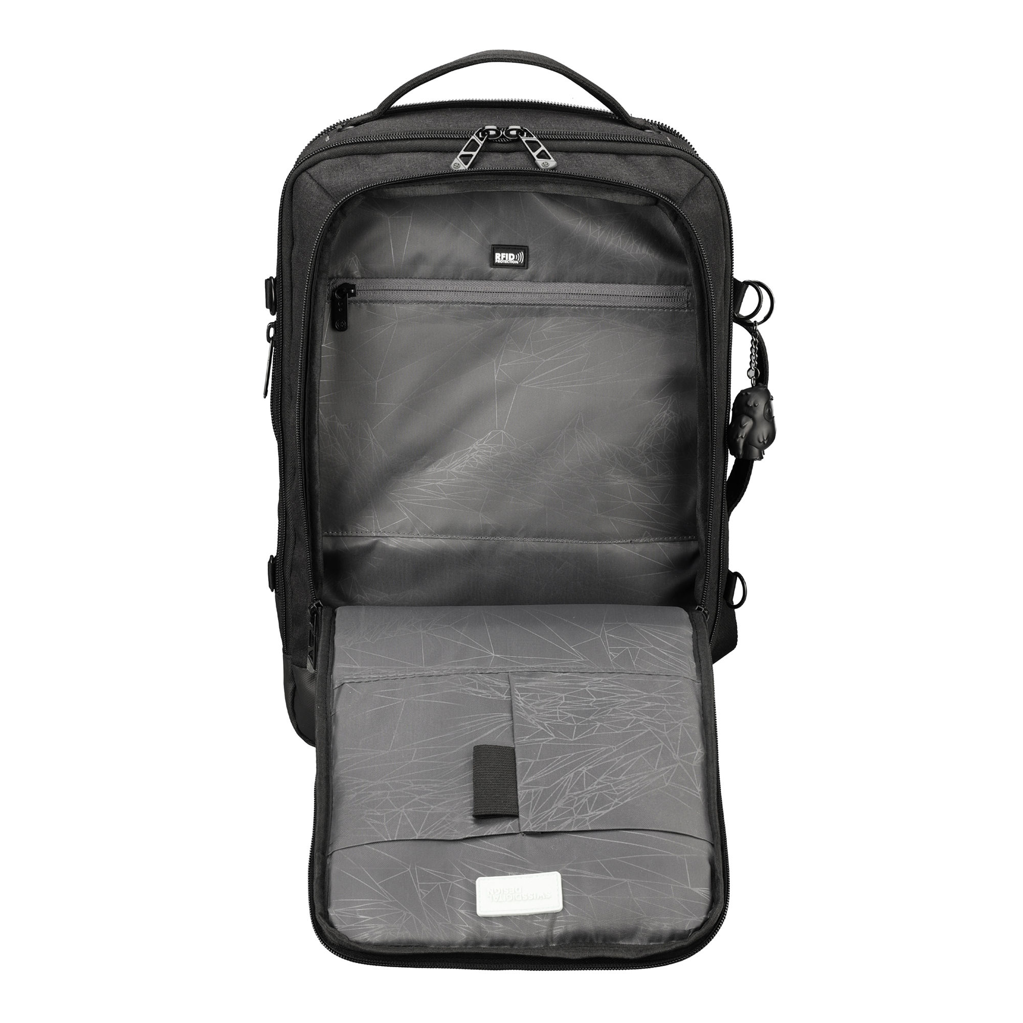 Uno zaino nero con uno scomparto aperto che rivela una custodia per laptop e tasche interne.